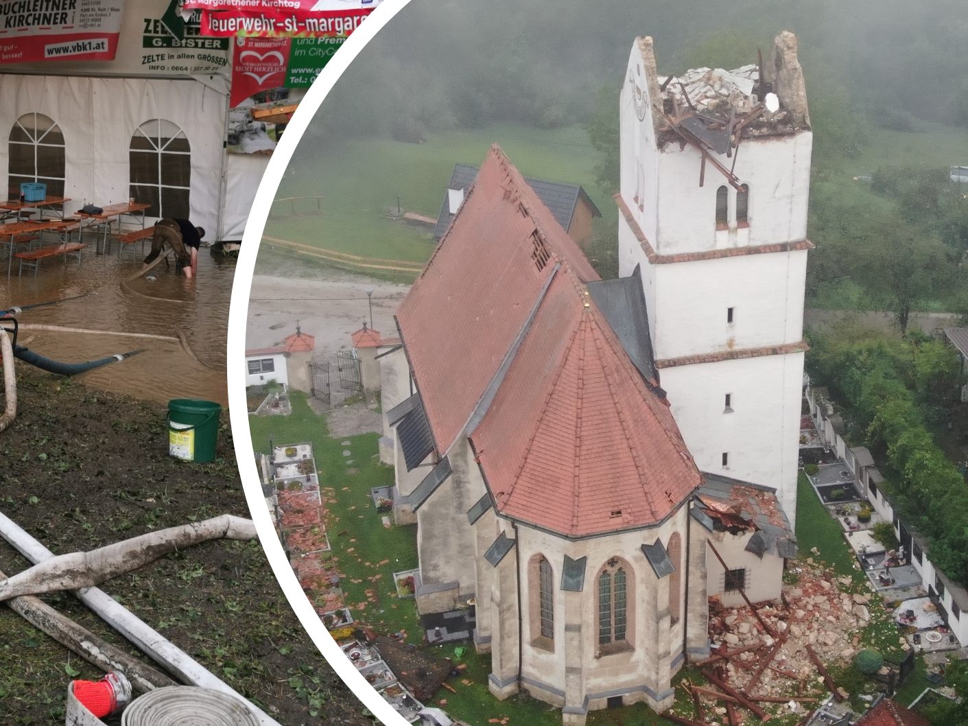 der heftige Sturm riss die Kirchturmspitze in St. Marxen quasi ab.