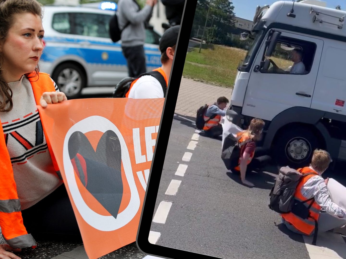 Der Lkw-Fahrer fuhr einen der Klima-Aktivisten mit seinem Fahrzeug an (kleines Bild).