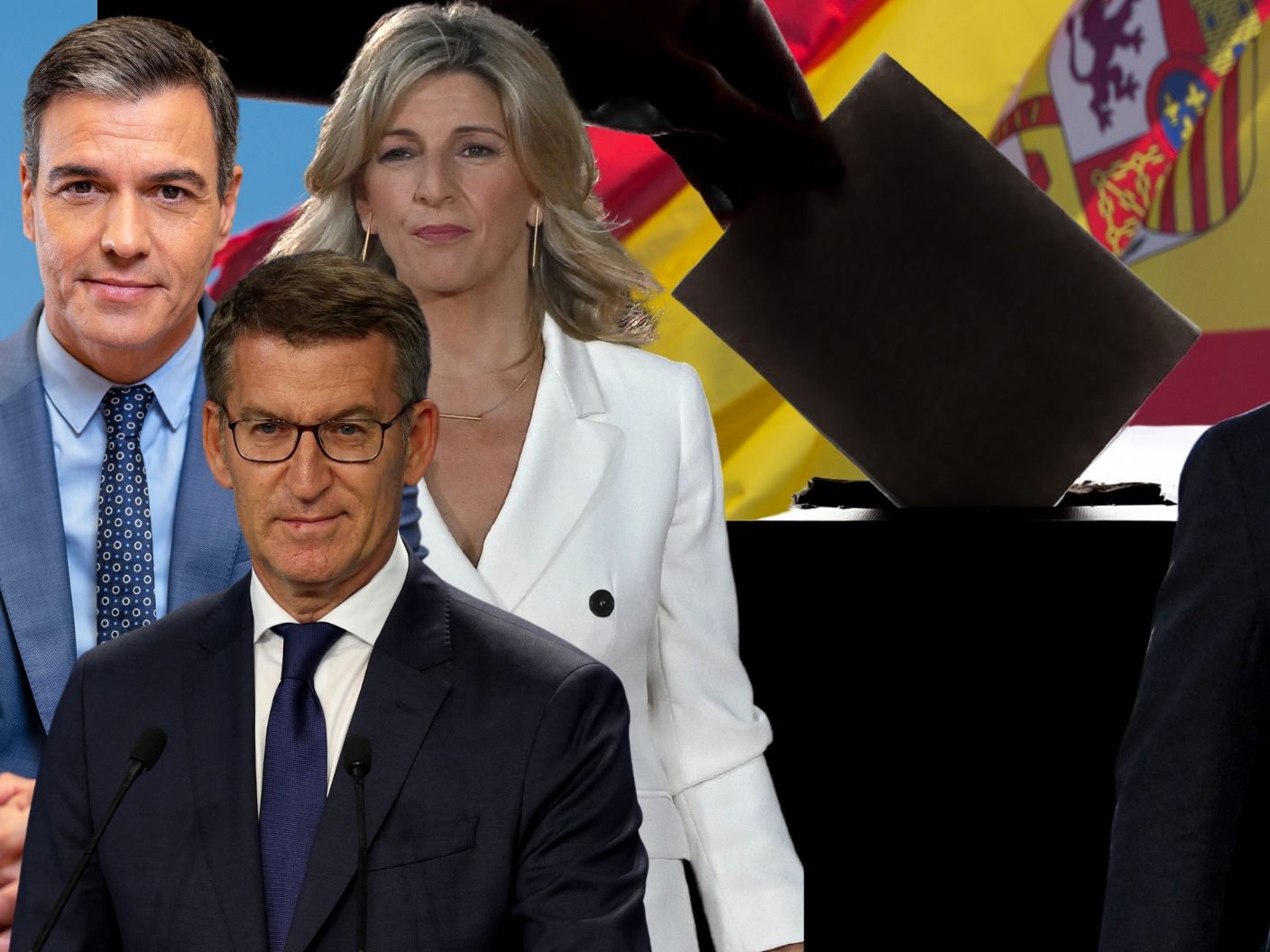 Pedro Sánchez (PSOE), Yolanda Díaz (Sumar), Alberto Núñez Feijó (PP) und Santiago Abascal (Vox).