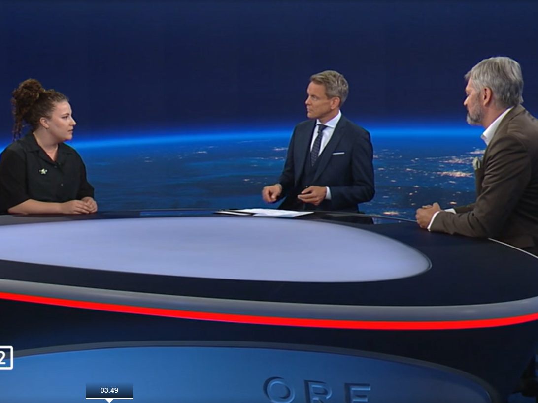 Anna Freund (Letzte Generation) und Bernhard Wiesinger (ÖAMTC) in der ZIB2. Anna Freund (Letzte Generation) und Bernhard Wiesinger (ÖAMTC) in der ZIB2.
