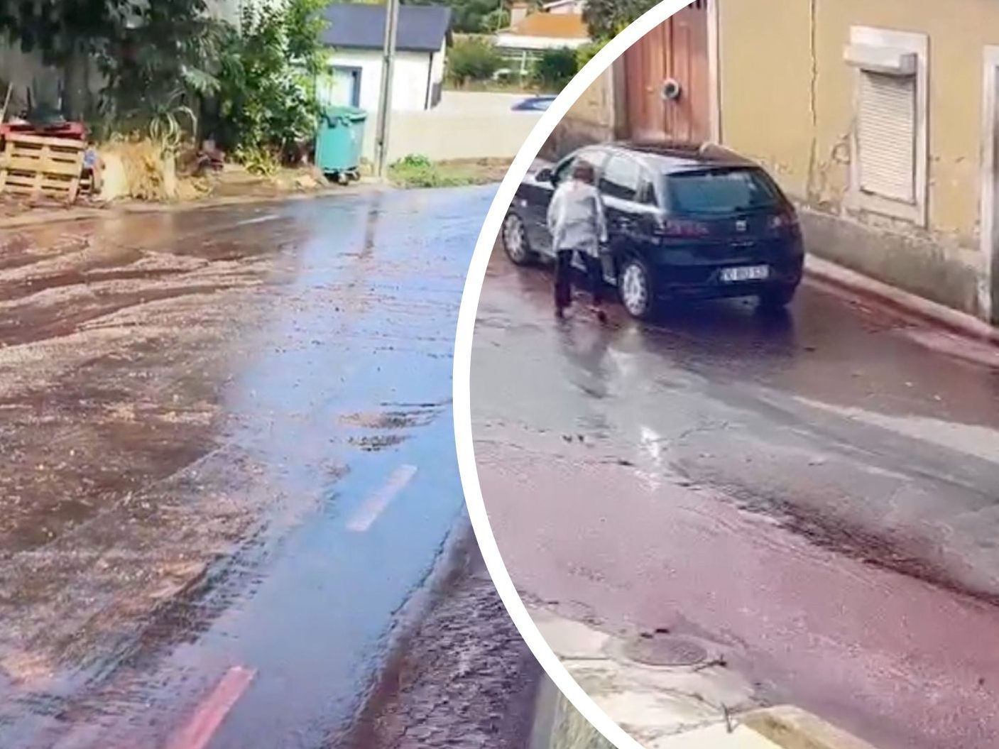 Wein überflutete Straßen eines portugiesischen Ortes.