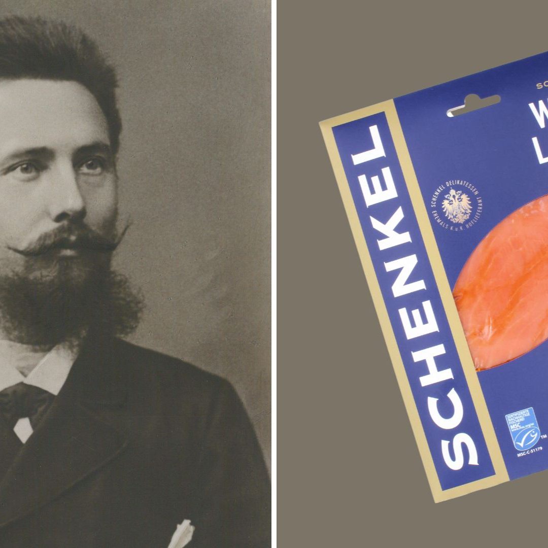 Links der Gründer der Firma, Heinrich Schenkel, rechts ein Produkt im neuen Design.