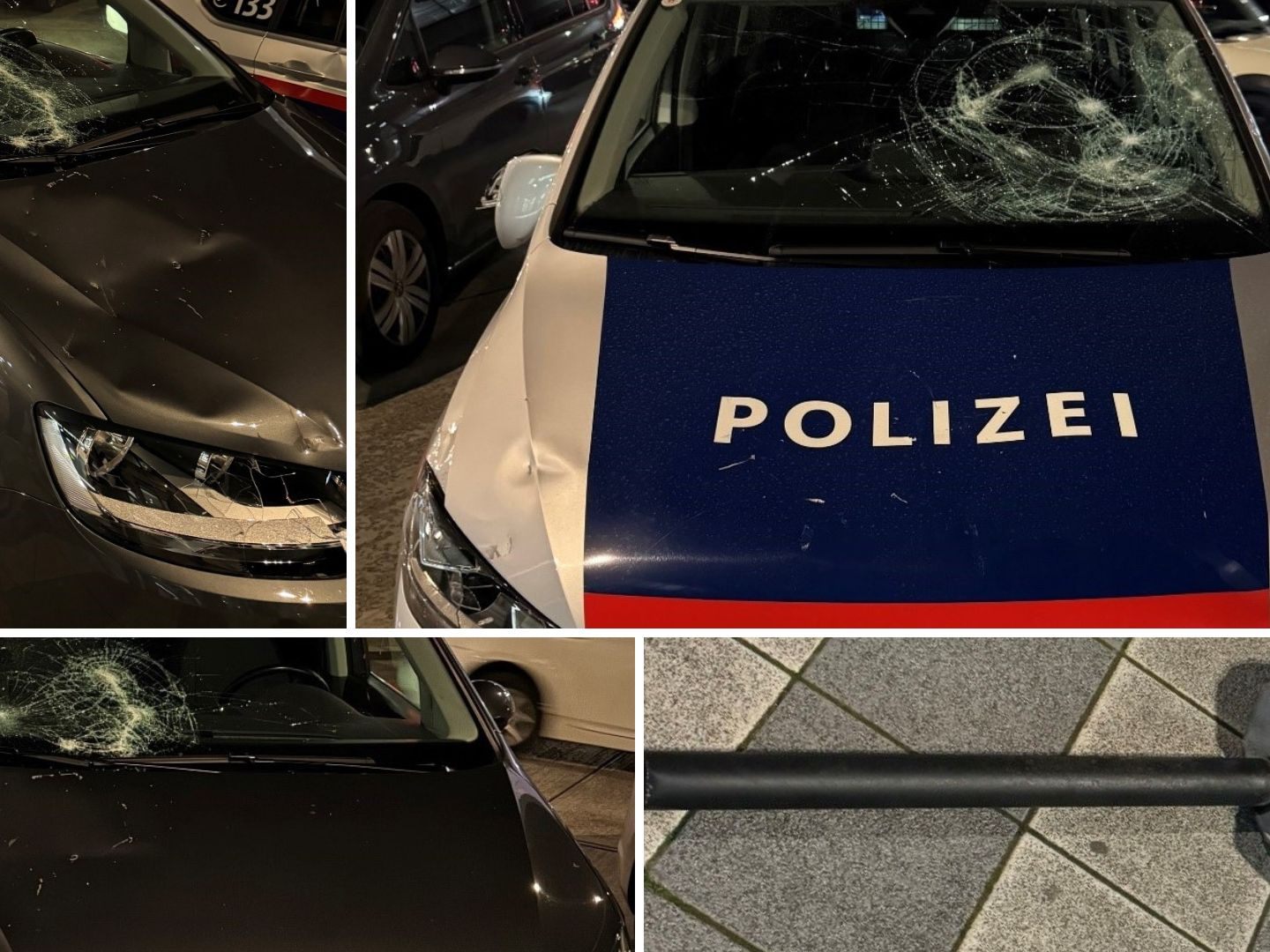 Der Mann demolierte die Polizei-Autos mit einer Metallstange. Der Mann demolierte die Polizei-Autos mit einer Metallstange.