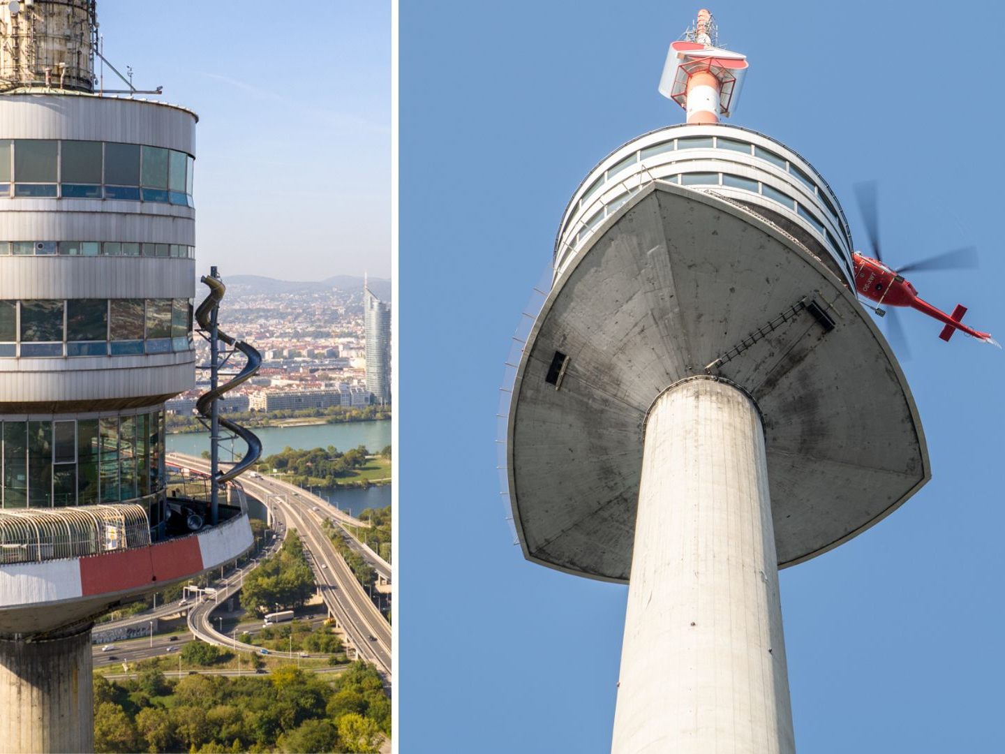 Die Installation der neuen Rutsche am Wiener Donauturm wurde mittels Helikopter vorgenommen. Die Installation der neuen Rutsche am Wiener Donauturm wurde mittels Helikopter vorgenommen.