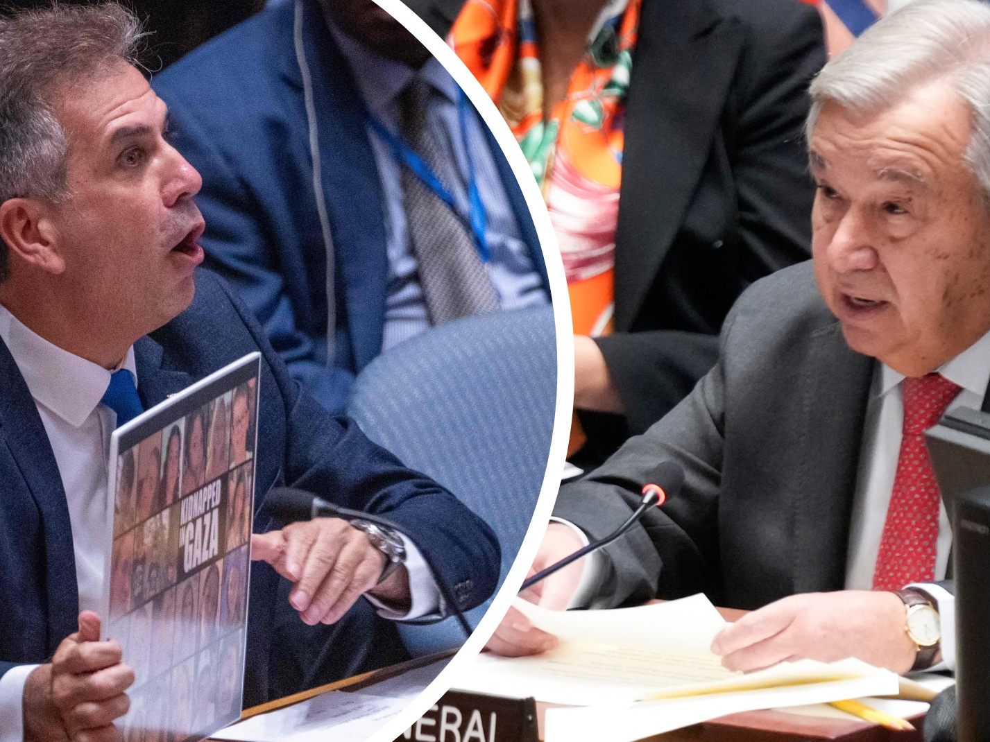 UNO-Chef Guterres (r.) kritisiert Verstöße gegen Völkerrecht - Israels Außenminister Cohen (l.) reagierte scharf.