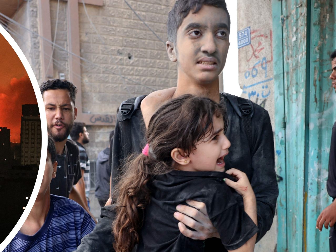 Ein junger Mann trägt ein kleines Mädchen nach einem israelischen Angriff. Ein junger Mann trägt ein kleines Mädchen nach einem israelischen Angriff.