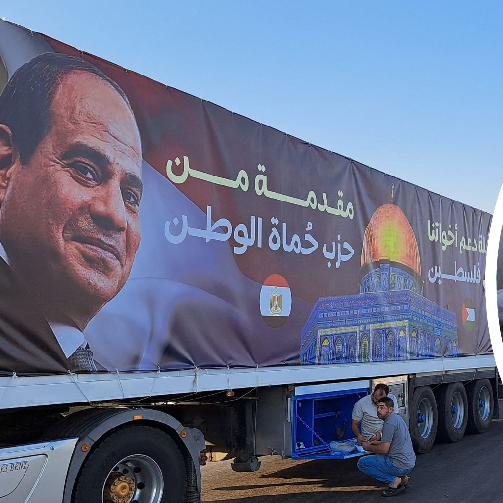 LKW aus Ägypten auf dem Weg zum Gazastreifen. (Auf dem Lastwagen abgebildet: Ägyptens Präsident Abdel Fattah al-Sisi)