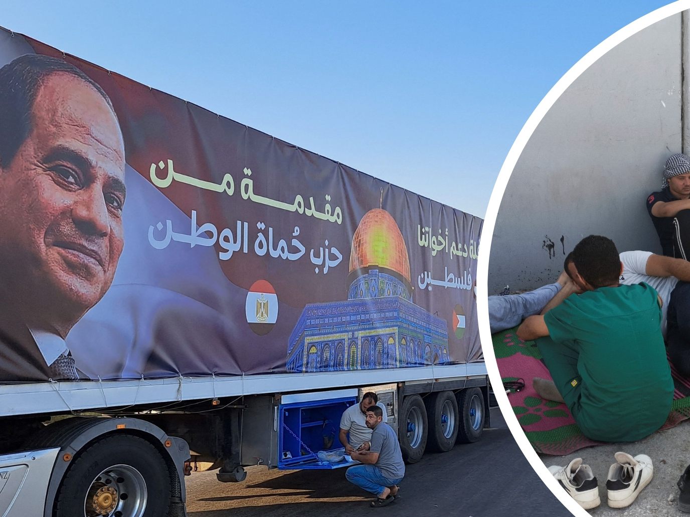 LKW aus Ägypten auf dem Weg zum Gazastreifen. (Auf dem Lastwagen abgebildet: Ägyptens Präsident Abdel Fattah al-Sisi) LKW aus Ägypten auf dem Weg zum Gazastreifen. (Auf dem Lastwagen abgebildet: Ägyptens Präsident Abdel Fattah al-Sisi)
