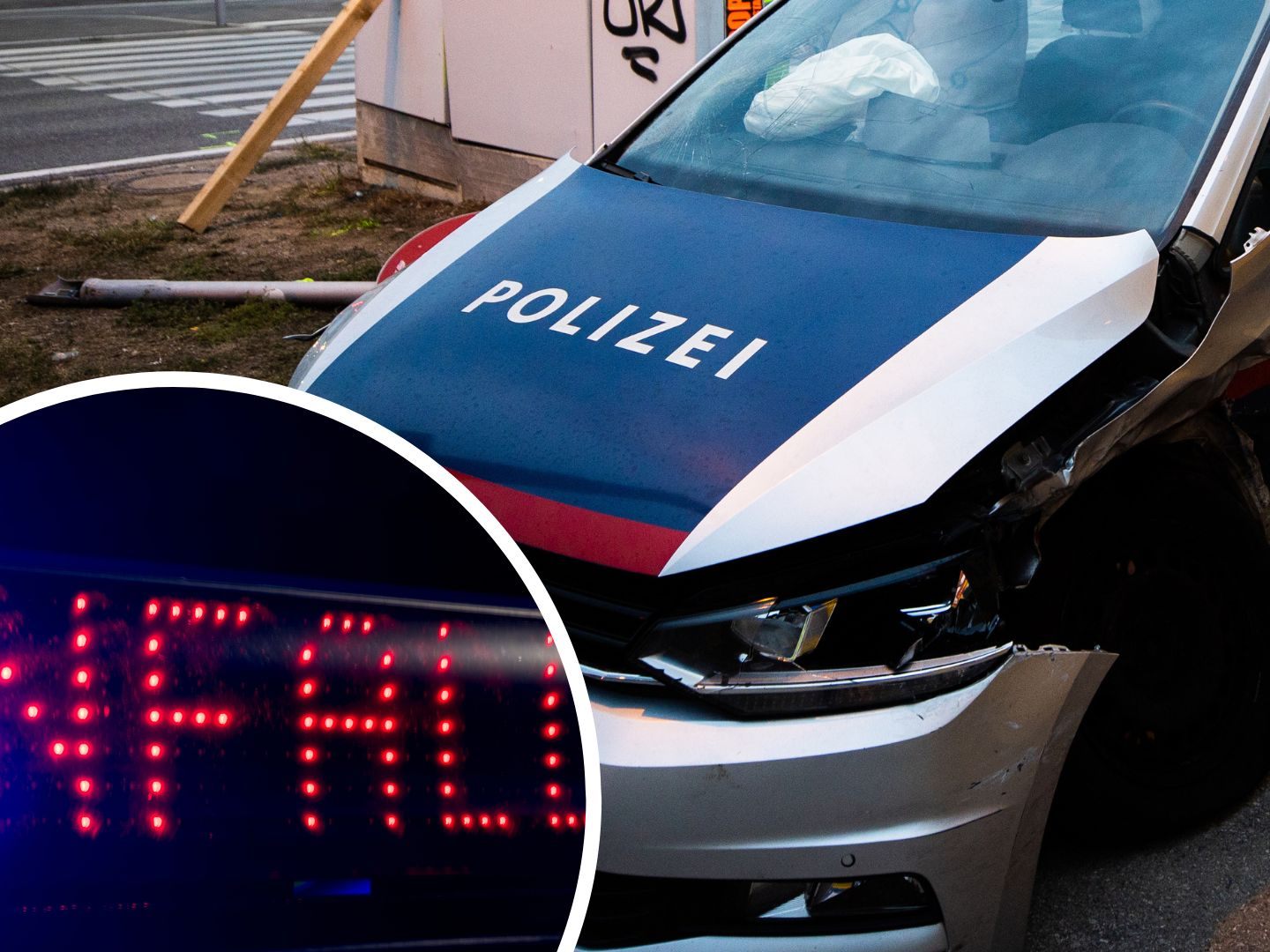 Schwerer Verkehrsunfall in Wien-Rudolfsheim zwischen einem Polizei- und Rettungsauto.