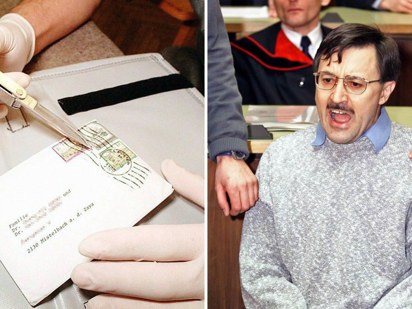 Rechts der für die Briefbomben verantwortliche Franz Fuchs und links eine entschärfte Briefbombe von 1993.