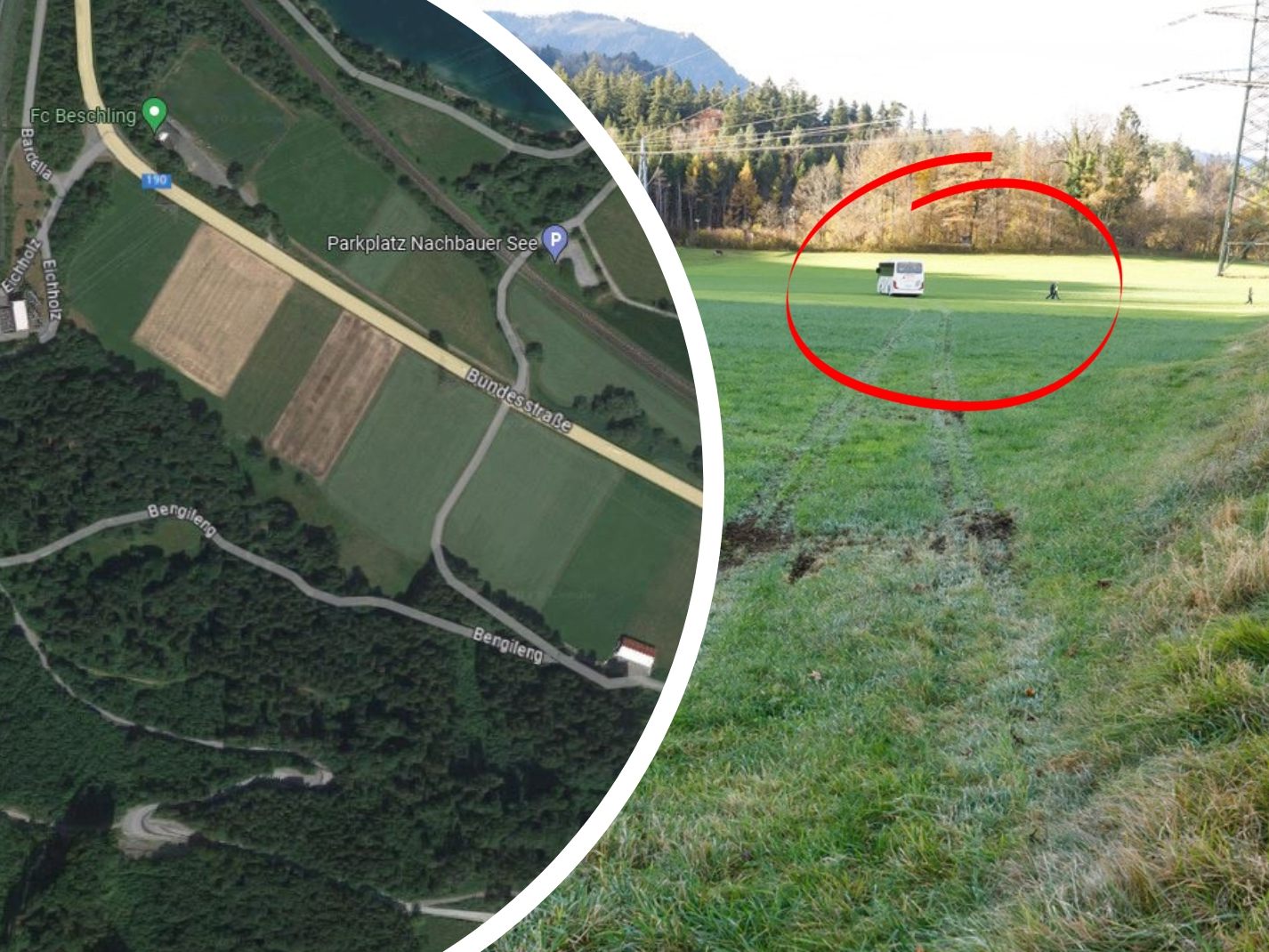 Der Bus kam in der flachen Wiese zum Stehen.