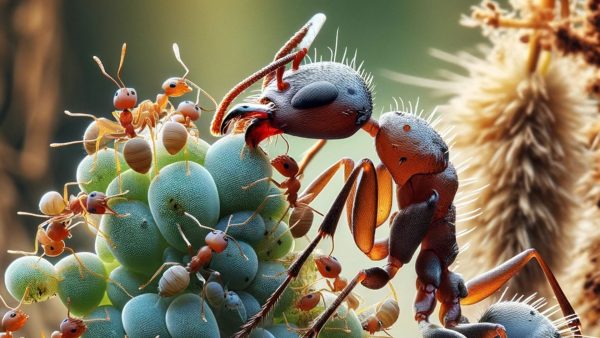 grauschwarze Sklavenameis und Blattläuse