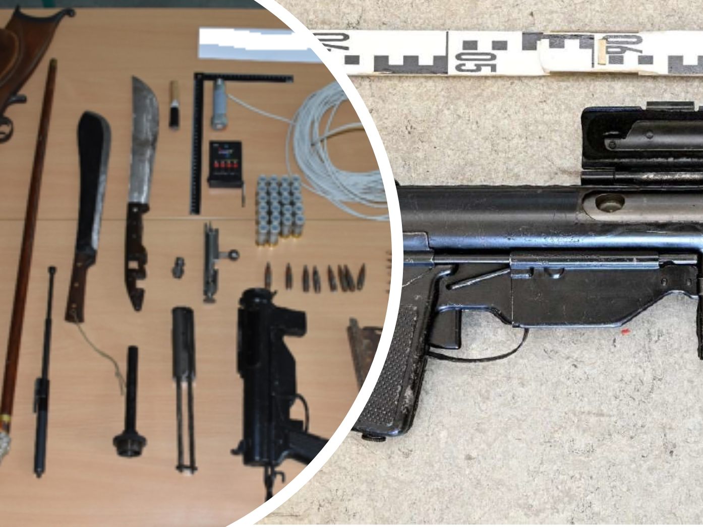 Die von der Polizei sichergestellten Waffen. Die von der Polizei sichergestellten Waffen.