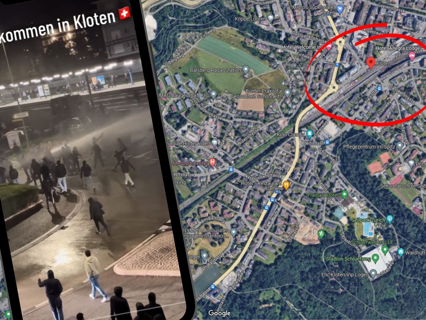 Wasserwerfer gegen Fan-Chaoten nahe des Bahnhofs Kloten.
