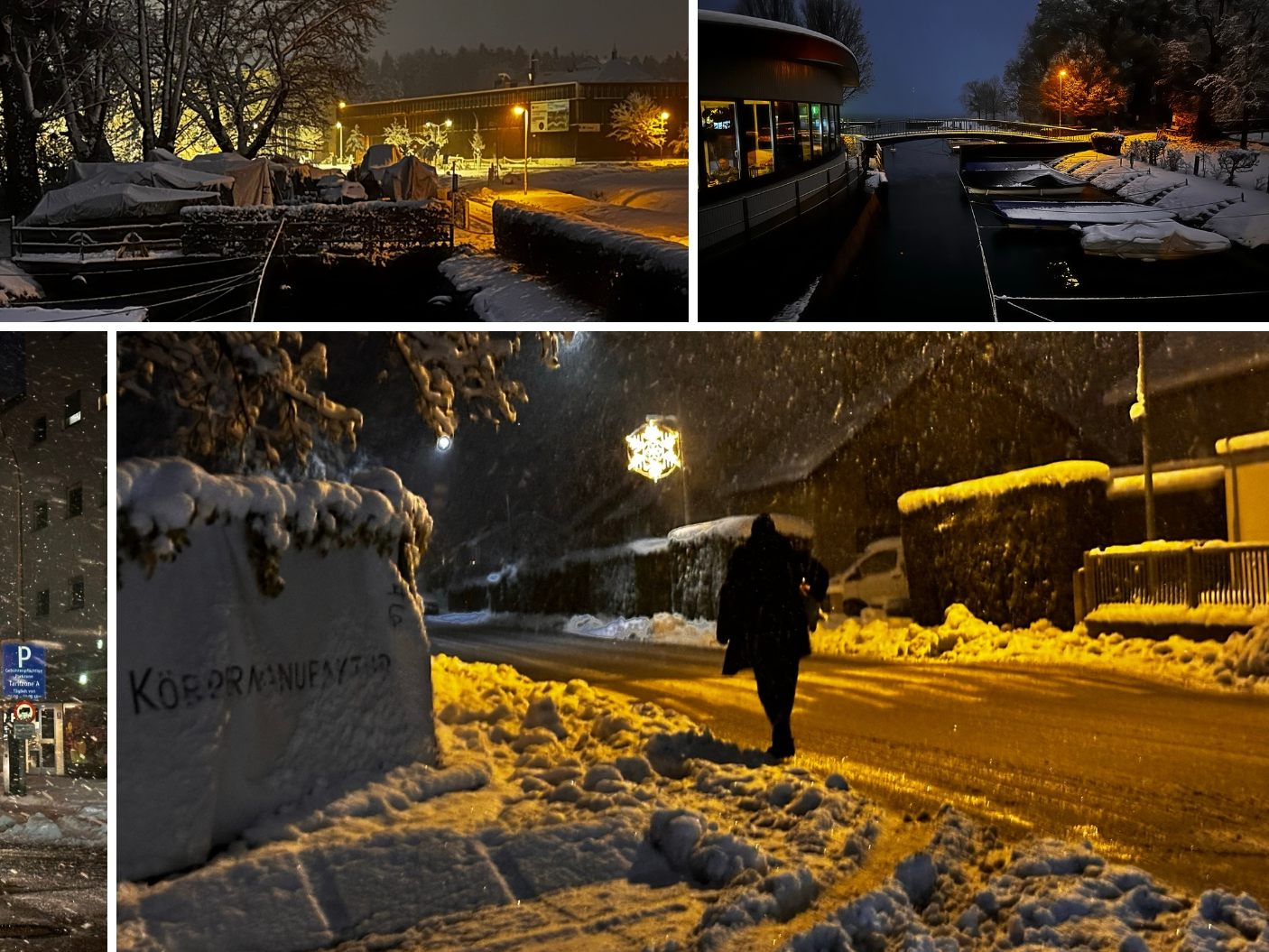 Aus dem Schnee- und Verkehrschaos untertags werden am Abend teils winterlich, romantische Szenen. Aus dem Schnee- und Verkehrschaos untertags werden am Abend teils winterlich, romantische Szenen.