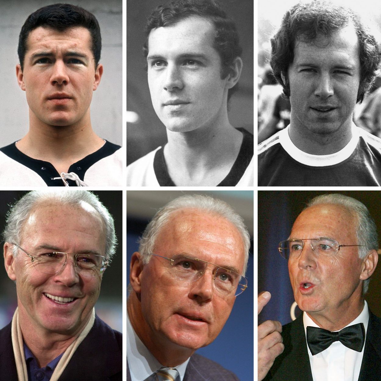 Franz Beckenbauer als Spieler (1,. Reihe l-r), Lizenzspieler beim FC Bayern München in der Saison 1968/69 (Aufnahme von 1969), im Nationaltrikot (undatiert), als Fußball-Nationalspieler (1970), als Spieler beim FC Bayern München (1974), als Fußball-Nationalspieler (1974) und als DFB-Teamchef (1990). (2. Reihe l-r) Franz Beckenbauer als Präsident des FC Bayern (1996 und 2000), als Präsident des Organisationskomitees der Fußball-WM (2006), bei der Bambi-Verleihung in Stuttgart (2006), als Bayern-Präsident (2008) und 2011 in Zürich.