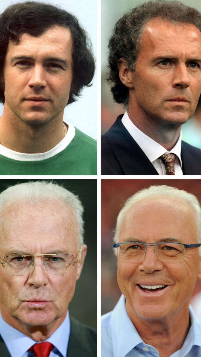 Franz Beckenbauer als Spieler (1,. Reihe l-r), Lizenzspieler beim FC Bayern München in der Saison 1968/69 (Aufnahme von 1969), im Nationaltrikot (undatiert), als Fußball-Nationalspieler (1970), als Spieler beim FC Bayern München (1974), als Fußball-Nationalspieler (1974) und als DFB-Teamchef (1990). (2. Reihe l-r) Franz Beckenbauer als Präsident des FC Bayern (1996 und 2000), als Präsident des Organisationskomitees der Fußball-WM (2006), bei der Bambi-Verleihung in Stuttgart (2006), als Bayern-Präsident (2008) und 2011 in Zürich.