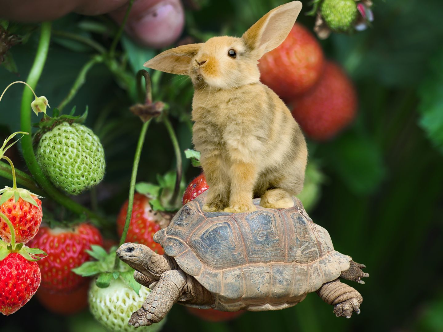 Kleiner Hase genießt Erdbeeren und ist dabei auf einer Schildkröte.