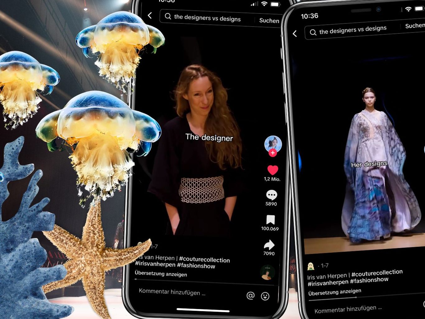 Die Modeschau präsentiert die renommierte Designerin Iris van Herpen eine Kollektion, die sich durch ihre Einzigartigkeit und Inspirationsquelle – das Meer und seine Bewohner – auszeichnet.