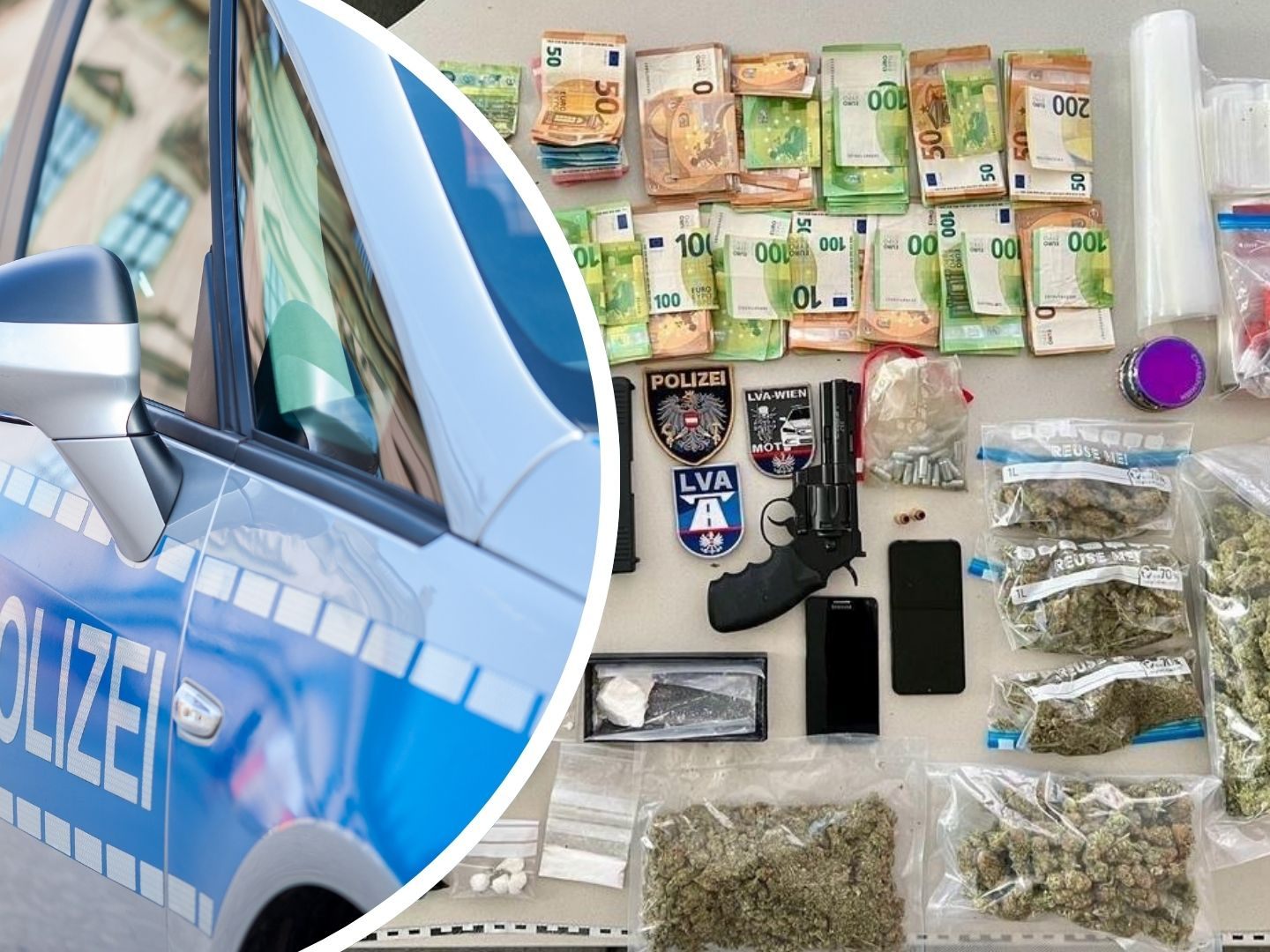 Per Zufall hat ein 29-Jähriger die Polizei bei einer Verkehrskontrolle am Samstagvormittag, 20. Jänner 2024 in Wien-Liesing zu einem Drogenversteck geführt. Der 29-Jährige, der am Beifahrersitz in einem Pkw saß, sprang nach Anhaltung aus dem Auto und flüchtete über mehrere Grundstücke in eine Gartenhütte. Es stellte sich heraus, dass ein 18-jähriger Hausbewohner in seinem Zimmer im Einfamilienhaus mehr als ein halbes Kilogramm Cannabis, weitere Mengen Ecstasy und Kokain sowie Gasdruckpistolen gelagert hatte. Ebenso fand die Polizei einen niedrigen fünfstelligen Bargeldbetrag, Mobiltelefone und eine mutmaßliche Falschgeldnote. Per Zufall hat ein 29-Jähriger die Polizei bei einer Verkehrskontrolle am Samstagvormittag, 20. Jänner 2024 in Wien-Liesing zu einem Drogenversteck geführt. Der 29-Jährige, der am Beifahrersitz in einem Pkw saß, sprang nach Anhaltung aus dem Auto und flüchtete über mehrere Grundstücke in eine Gartenhütte. Es stellte sich heraus, dass ein 18-jähriger Hausbewohner in seinem Zimmer im Einfamilienhaus mehr als ein halbes Kilogramm Cannabis, weitere Mengen Ecstasy und Kokain sowie Gasdruckpistolen gelagert hatte. Ebenso fand die Polizei einen niedrigen fünfstelligen Bargeldbetrag, Mobiltelefone und eine mutmaßliche Falschgeldnote.