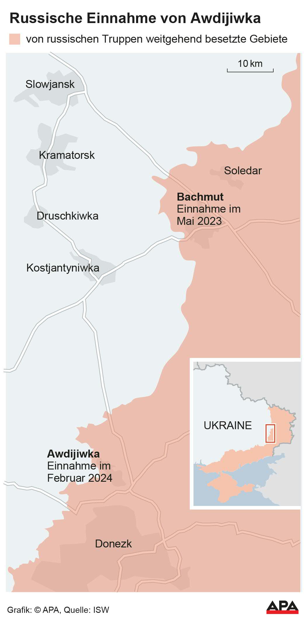 Karte, von russischen Truppen weitgehend besetzte Gebiete