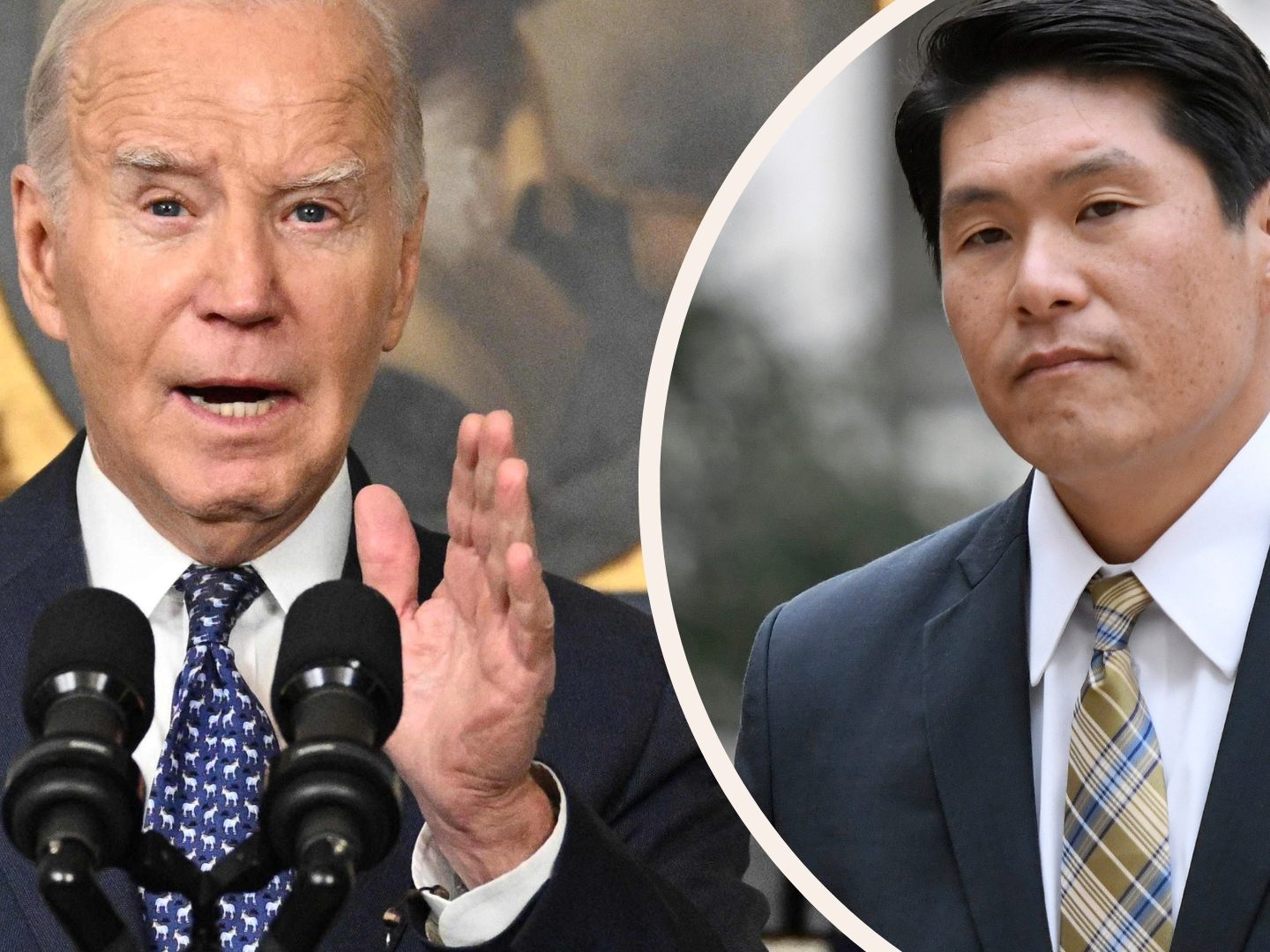 US-Präsident Biden (l.) trat angesichts des Berichts von Sonderermittler Robert Hur (r.) umgehend vor die Presse. US-Präsident Biden (l.) trat angesichts des Berichts von Sonderermittler Robert Hur (r.) umgehend vor die Presse.