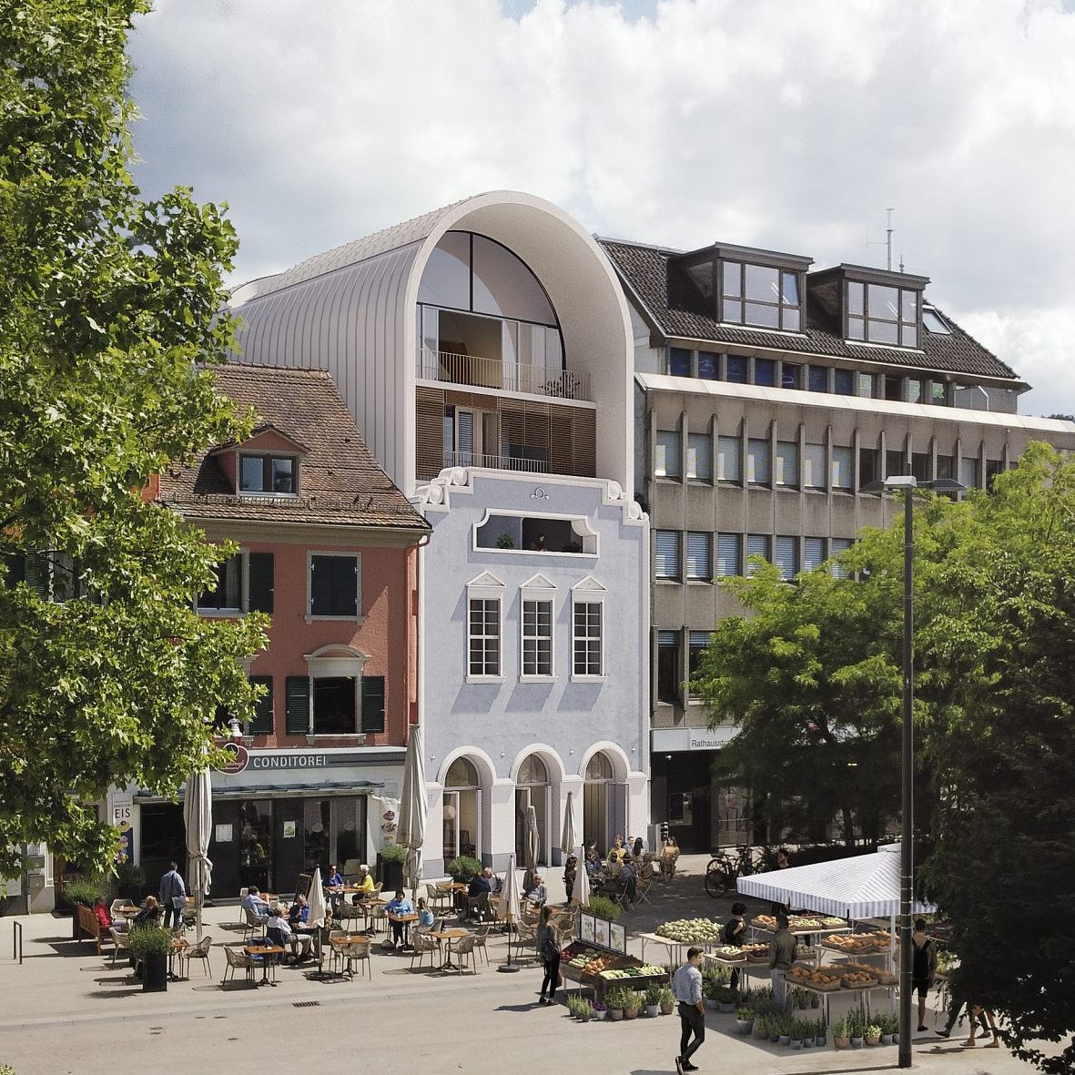 Visualisierung des Stadthotels „kleiner Löwe“ am Kornmarktplatz in Bregenz.
