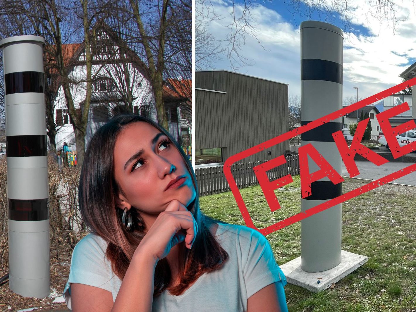 Nur eine dieser beiden Radarsäulen ist echt. Darf man einfach eine "falsche" aufstellen?