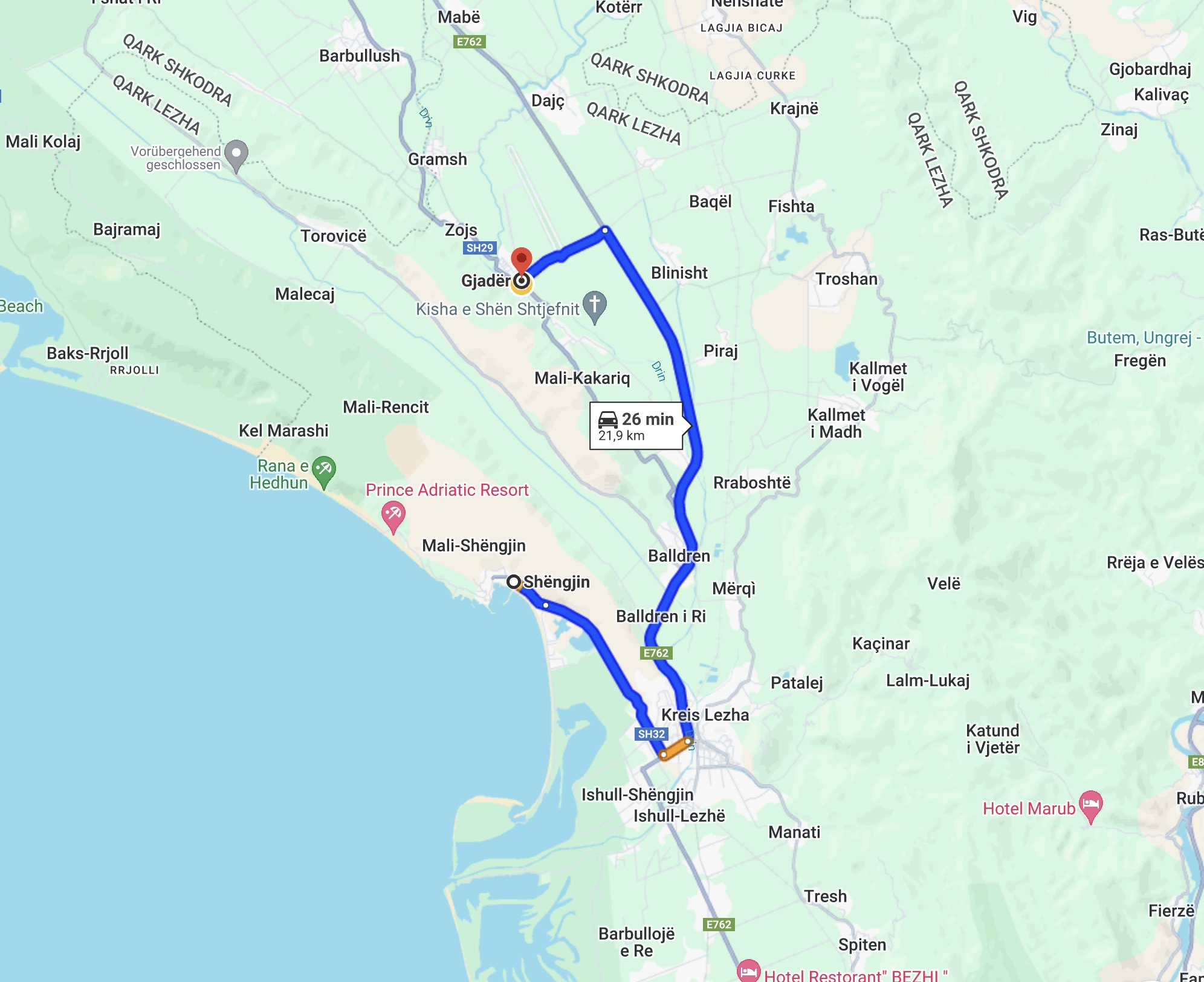 Distanz zwischen Shengjin und Gjader.