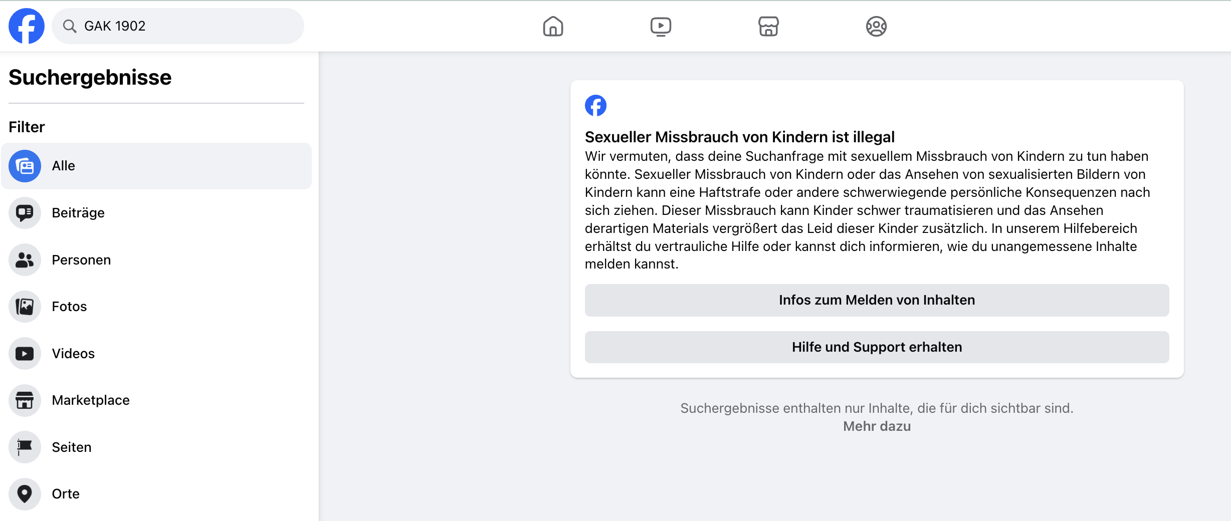 Die Suchanfrage auf Facebook nach "GAK 1902" und die Antwort.