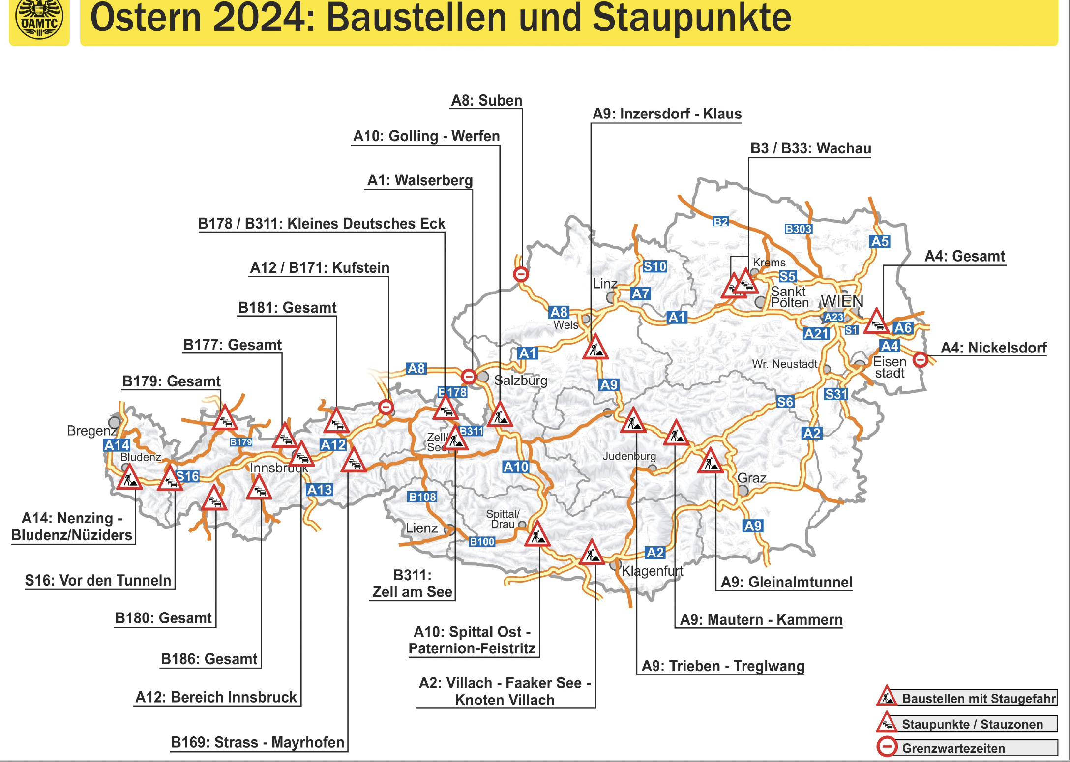 Die wichtigsten Staupunkte umfassen diverse Autobahnen und Bundesstraßen.