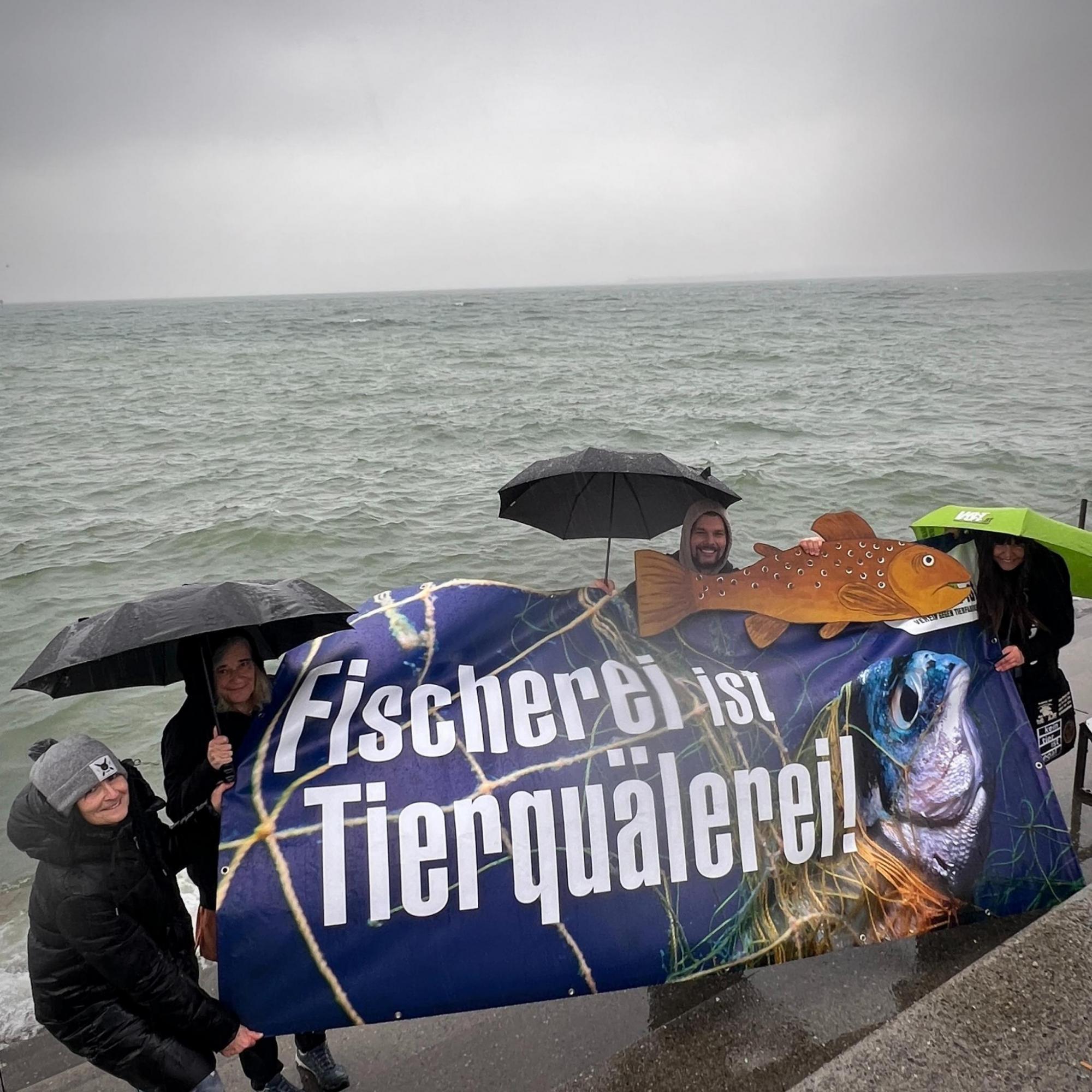 Trotz stürmischen Wetters am Bodensee informierten die Aktivist:innen vom VGT-Team Vorarlberg über die tierquälerische Fischerei.