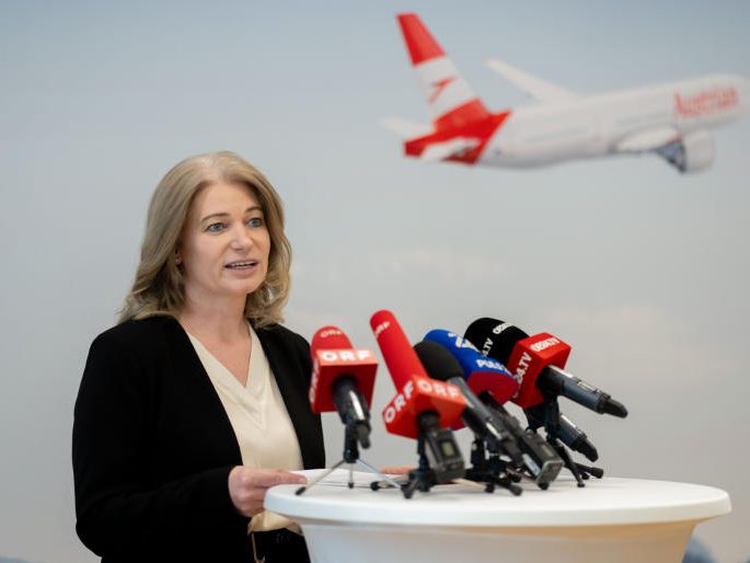 Annette Mann am Donnerstag, 28. März 2024, während eines Statements der Austrian Airlines AG (AUA)