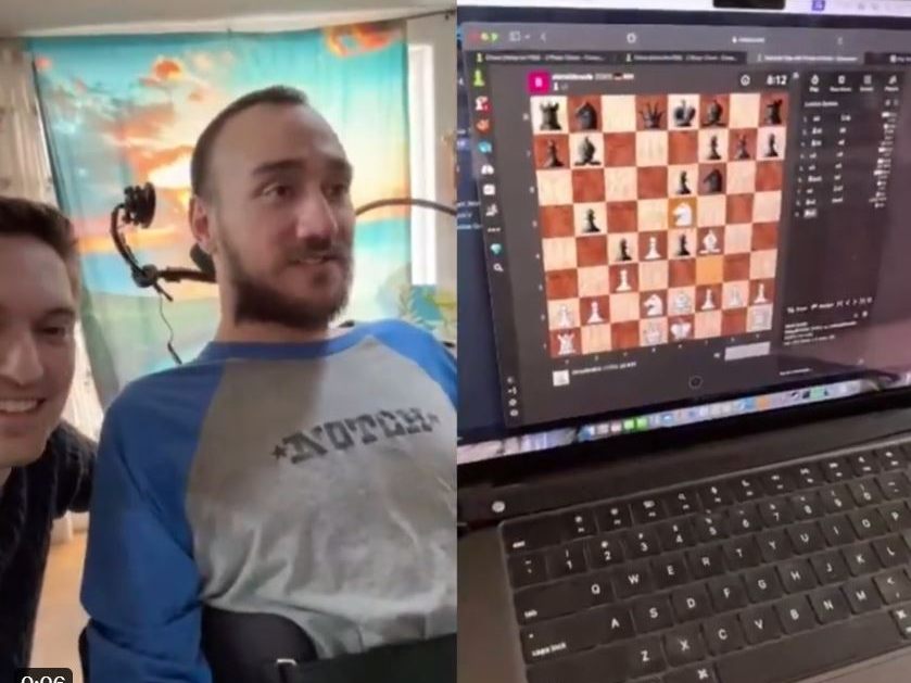 Ein Video zeigt, wie der gelähmte Mann mit Hilfe seiner Gedanken Online-Schach spielt. Ein Video zeigt, wie der gelähmte Mann mit Hilfe seiner Gedanken Online-Schach spielt.