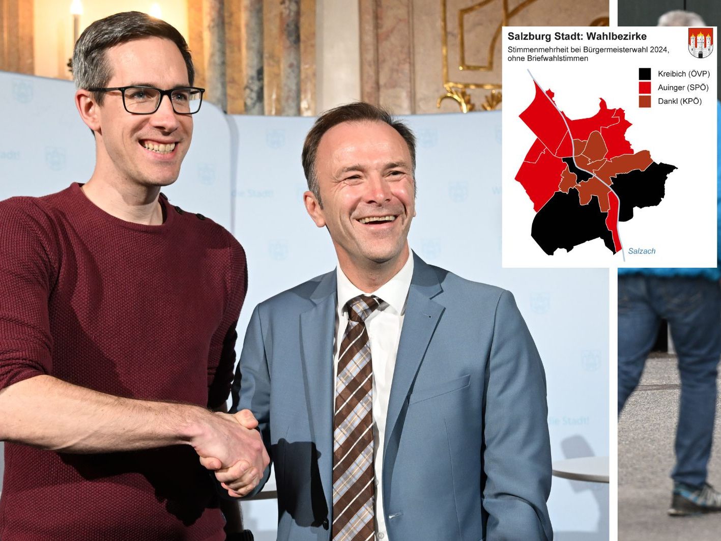 Kay-Michael Dankl (KPÖ plus) und Bernhard Auinger (SPÖ) treten in zwei Wochen zur Stichwahl um den Salzburger Bürgermeistersessel an. Kay-Michael Dankl (KPÖ plus) und Bernhard Auinger (SPÖ) treten in zwei Wochen zur Stichwahl um den Salzburger Bürgermeistersessel an.