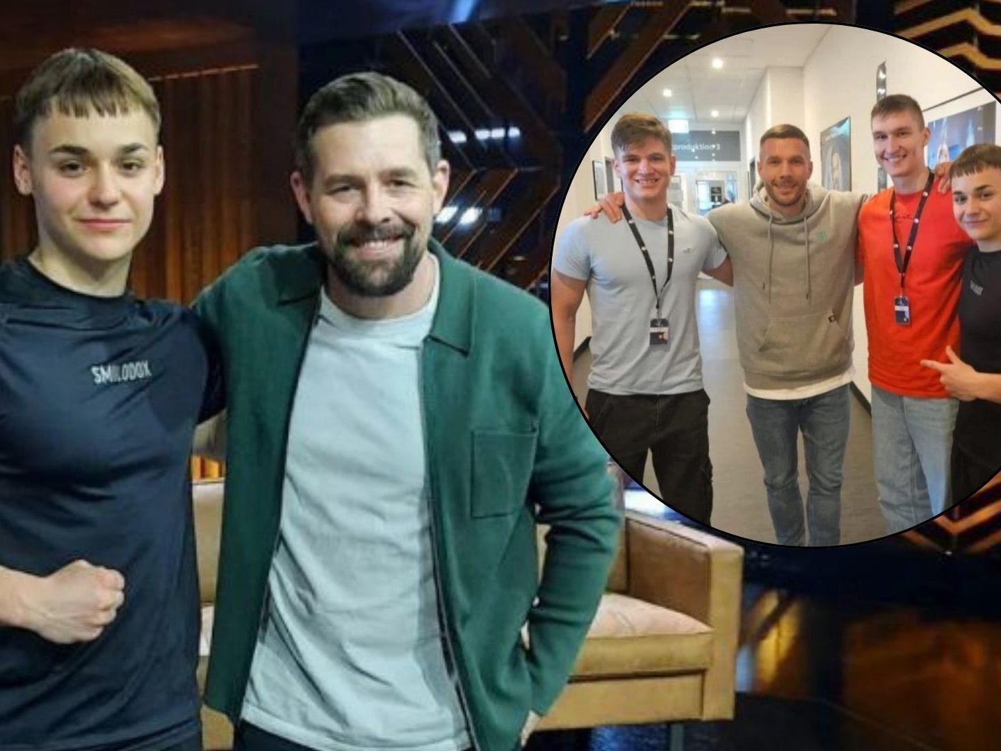 Marvin Simmerle mit seinen Kollegen und Lukas Podolski, der als Gast auf der Couch Platz nahm.