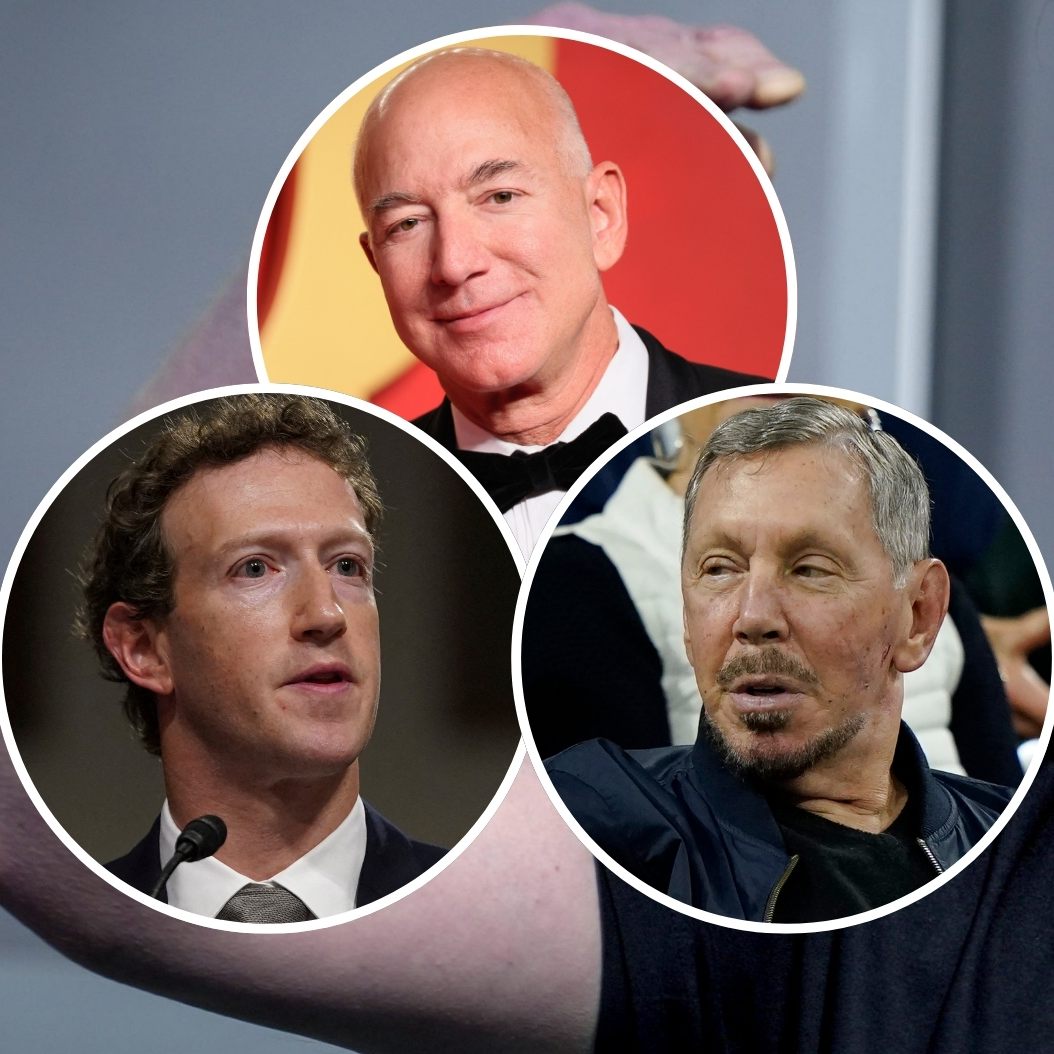 Tesla-Chef und SpaceX-Gründer Elon Musk (r.), Jeff Bezos (klein oben), Mark Zuckerberg (klein links) und Larry Ellison (klein rechts).
