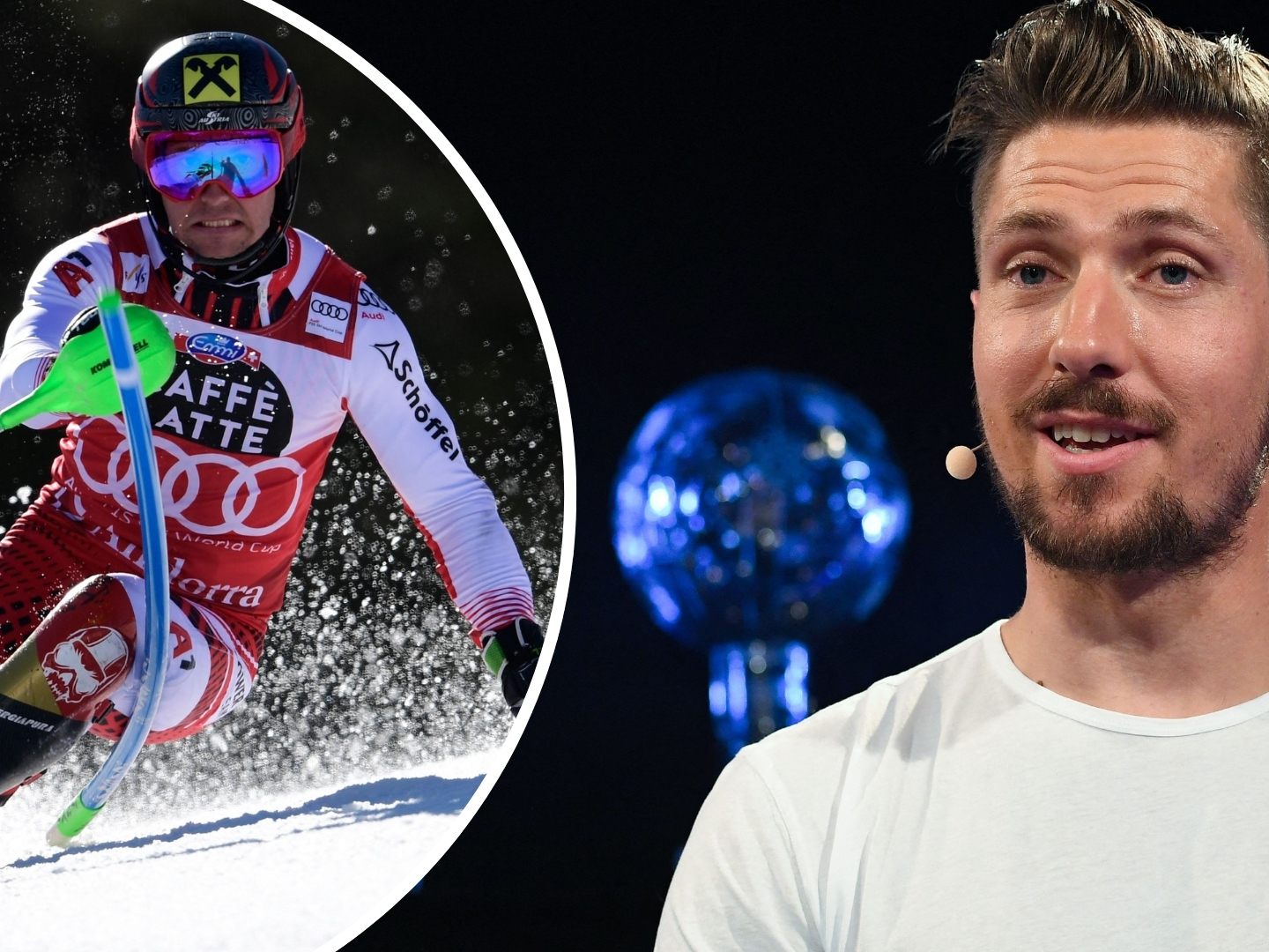 Marcel Hirscher beim WM Slalom 2019 (l.) und einem TV-Interview im Herbst 2019 (r.). Marcel Hirscher beim WM Slalom 2019 (l.) und einem TV-Interview im Herbst 2019 (r.).