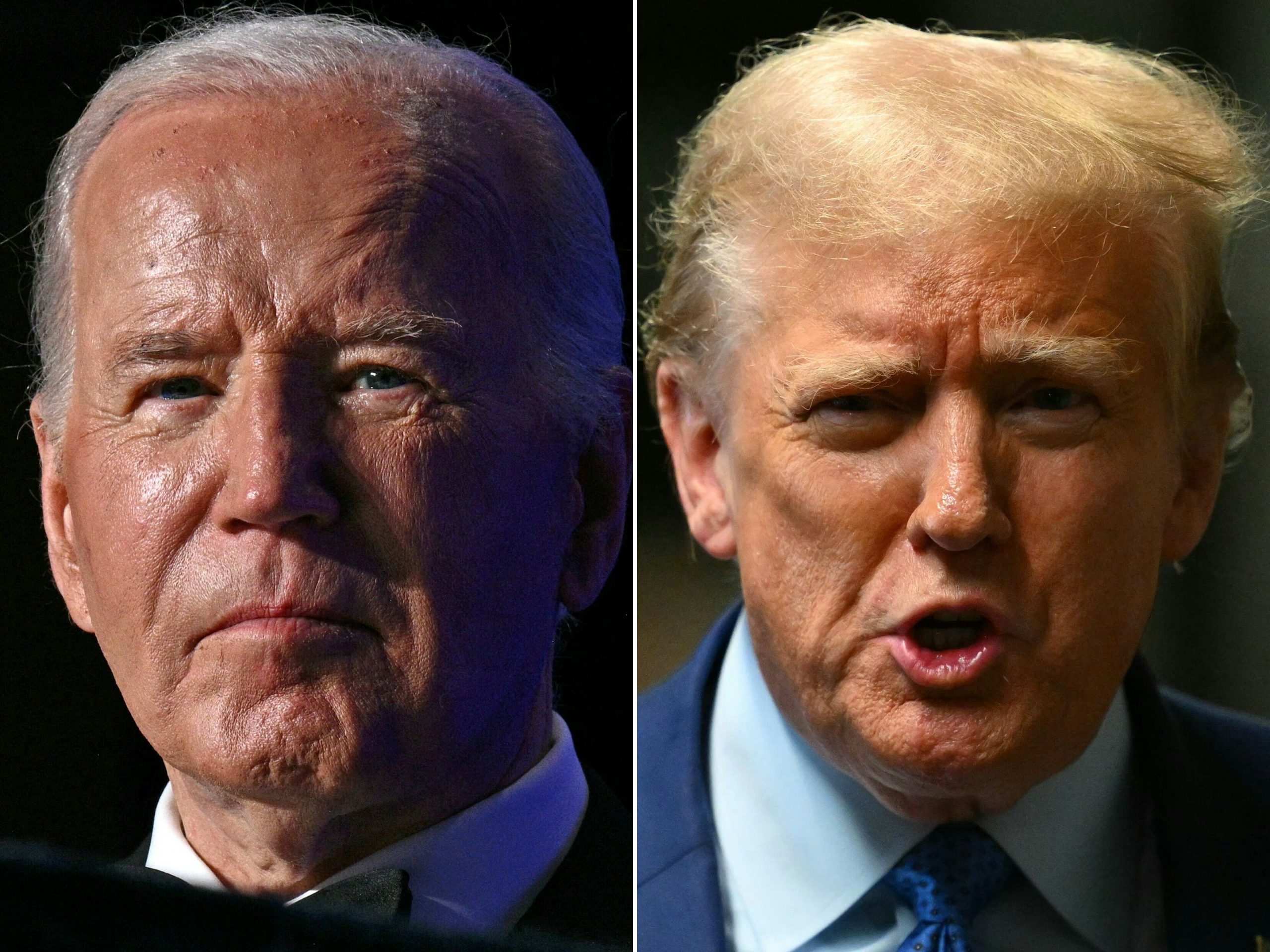 Diese Bildkombination zeigt US-Präsident Joe Biden und Ex-Präsident Donald Trump bei öffentlichen Auftritten im April und Mai 2024. Biden forderte Trump zu zwei TV-Debatten heraus, die Trump annahm. Diese Bildkombination zeigt US-Präsident Joe Biden und Ex-Präsident Donald Trump bei öffentlichen Auftritten im April und Mai 2024. Biden forderte Trump zu zwei TV-Debatten heraus, die Trump annahm.
