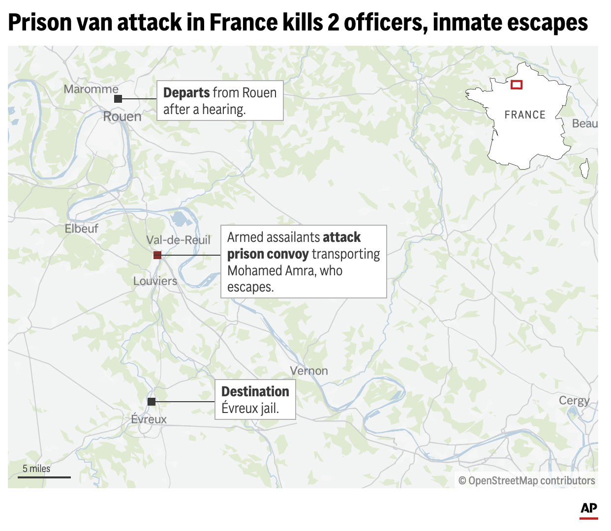 Karte zeigt Schlüsselpunkte eines Überfalls auf einen Gefangenentransport in Frankreich, bei dem zwei Beamte getötet und ein Häftling entkommen ist. Karte zeigt Schlüsselpunkte eines Überfalls auf einen Gefangenentransport in Frankreich, bei dem zwei Beamte getötet und ein Häftling entkommen ist.