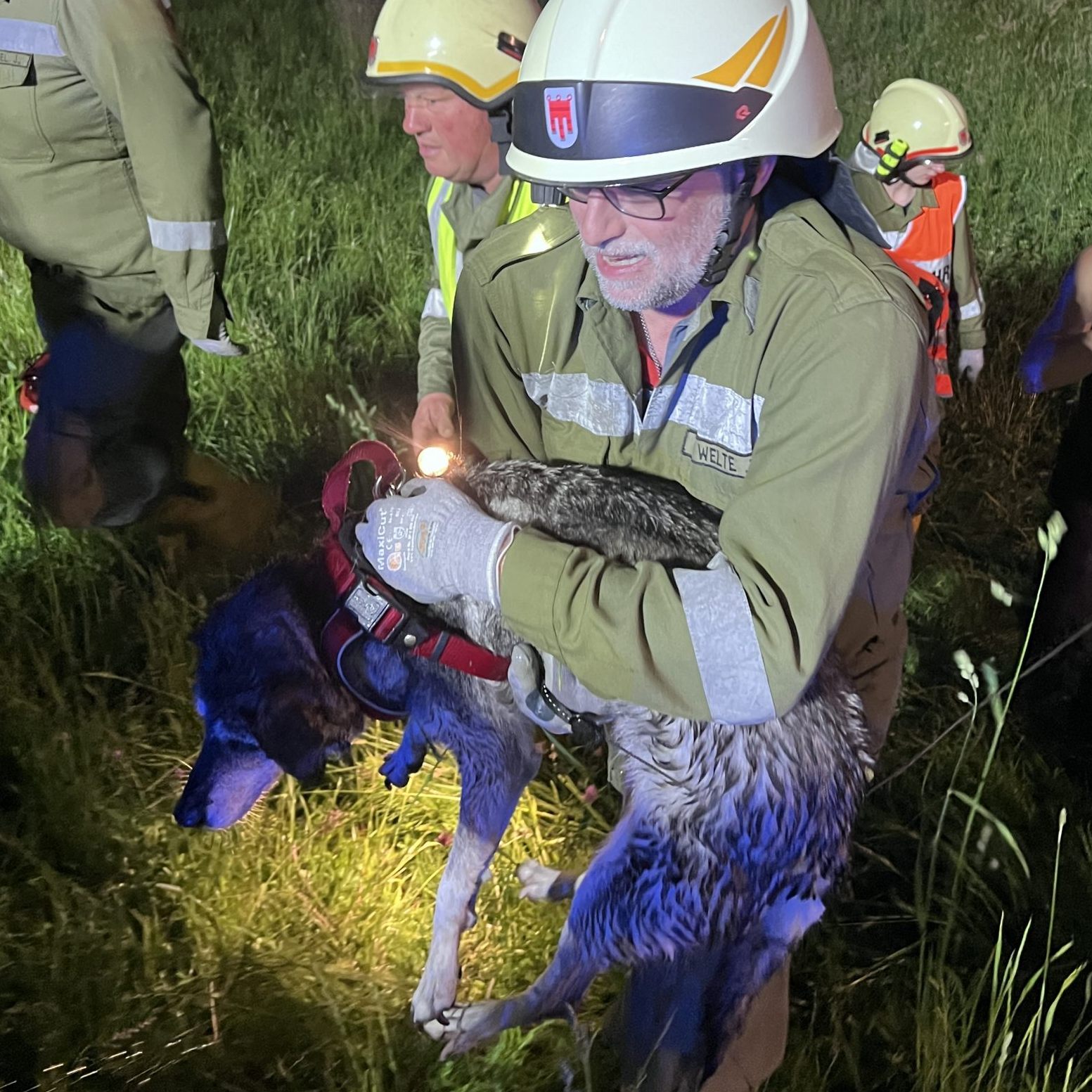 Der Hund wurde augenscheinlich ebenfalls aus seiner misslichen Lage gerettet.