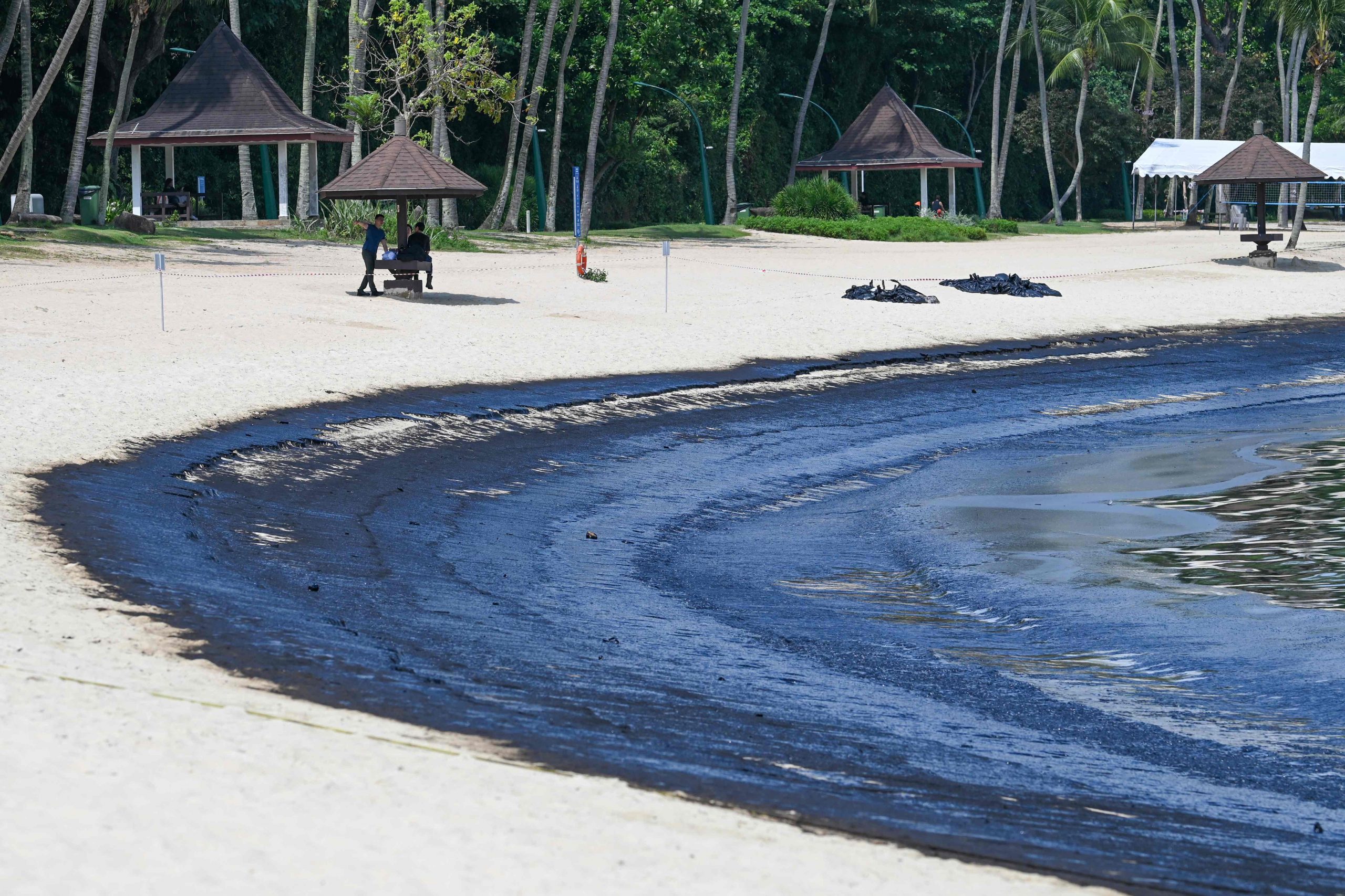 Der Ölteppich ist am 16. Juni 2024 am Tanjong Beach der Insel Sentosa in Singapur angespült zu sehen. 