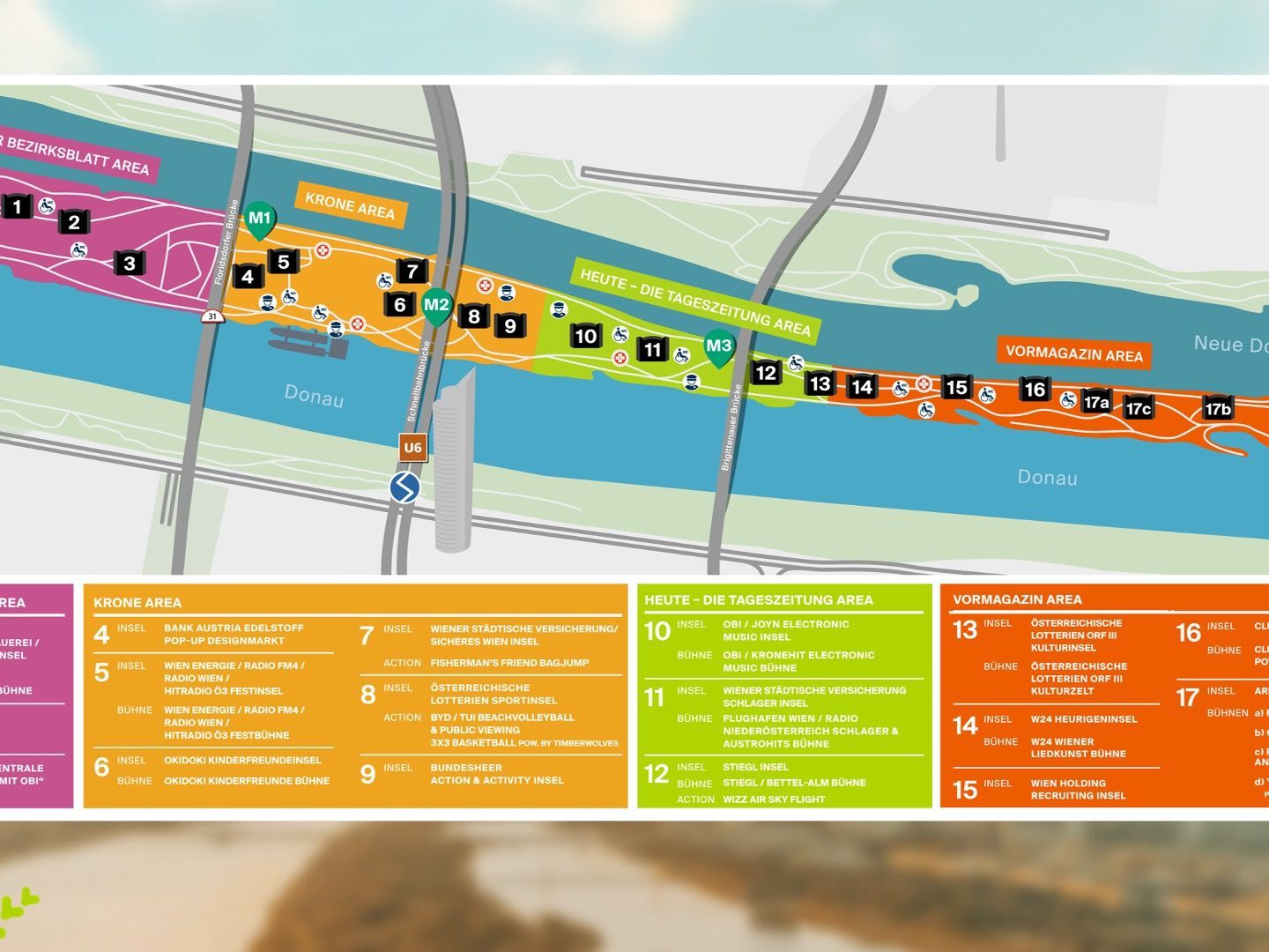 Alle Bühnen und Stationen beim Wiener Donauinselfest 2024 im Überblick. Alle Bühnen und Stationen beim Wiener Donauinselfest 2024 im Überblick.