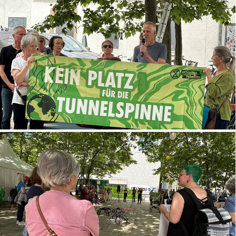 Eine Mahnwache in Bregenz hatte erneut die Tunnelspinne zum Thema.