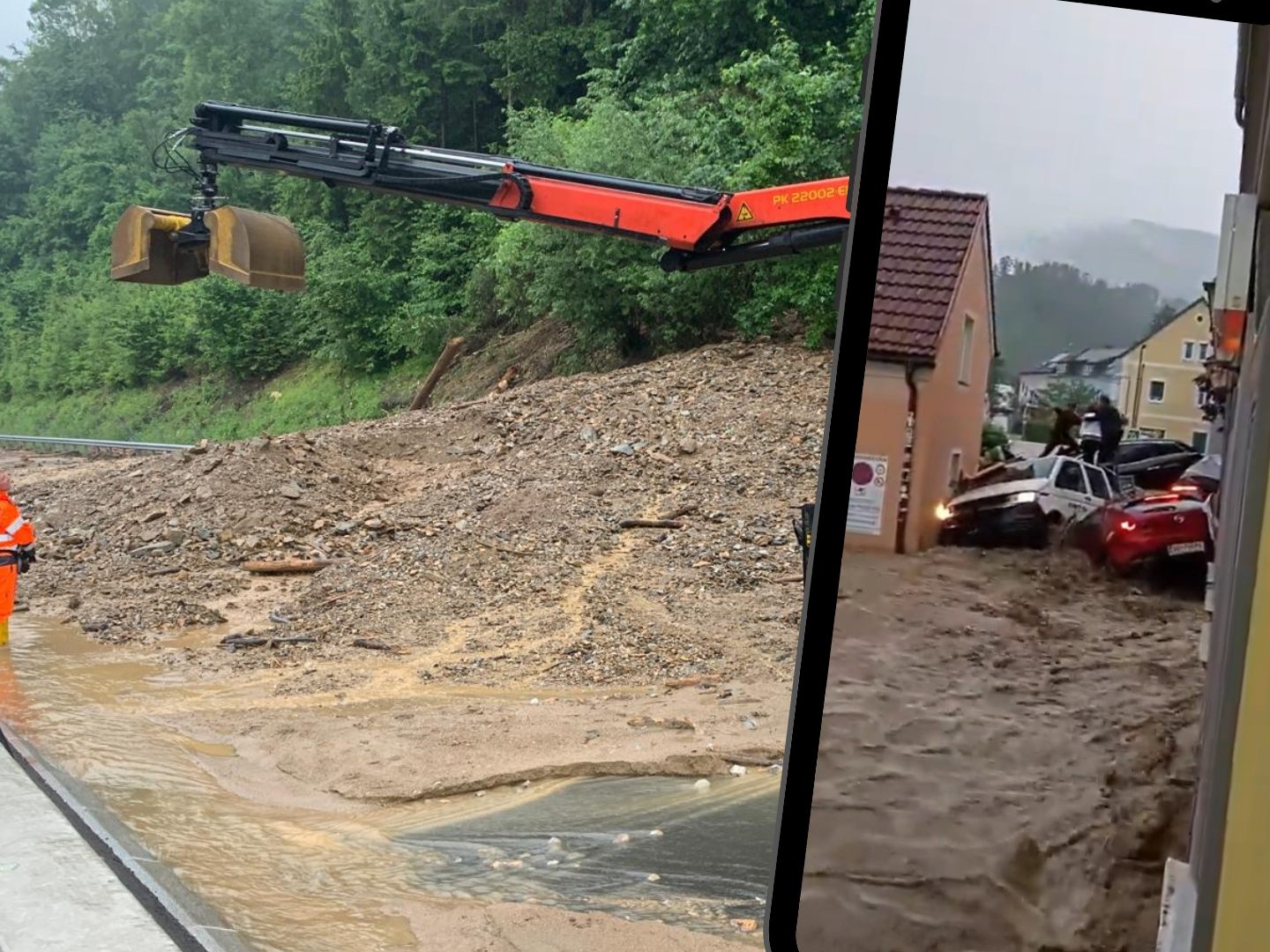 Beide Richtungsfahrbahnen auf A9 waren nicht passierbar (großes Bild), in Deutschfeistritz riss eine Sturzflut zahlreiche autos mit (kleines Bild). Beide Richtungsfahrbahnen auf A9 waren nicht passierbar (großes Bild), in Deutschfeistritz riss eine Sturzflut zahlreiche autos mit (kleines Bild).