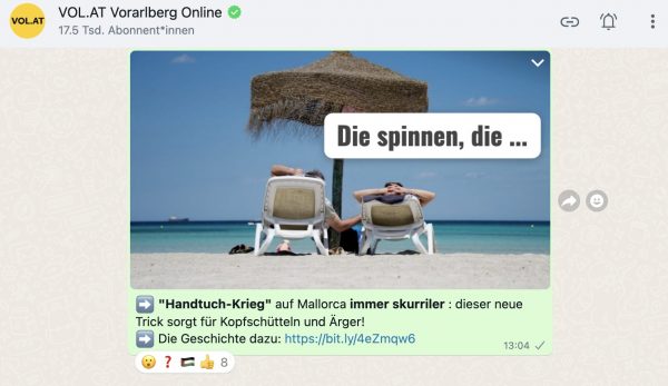 <p>WhatsApp Nachrichten VOL.AT Channel</p>
