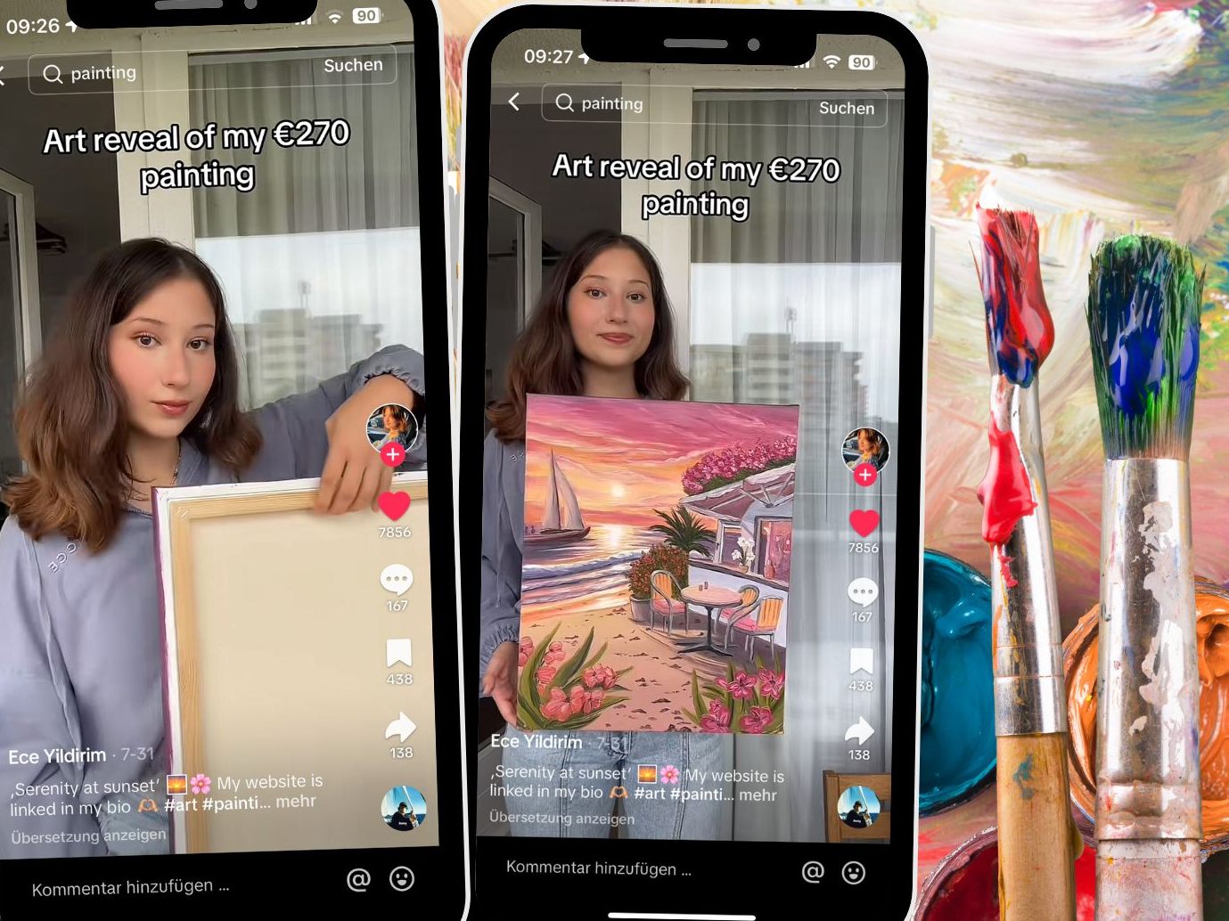 Das Gemälde mit dem Titel „Serenity at Sunset“ fängt die ruhige Stimmung eines Sonnenuntergangs am Strand ein.