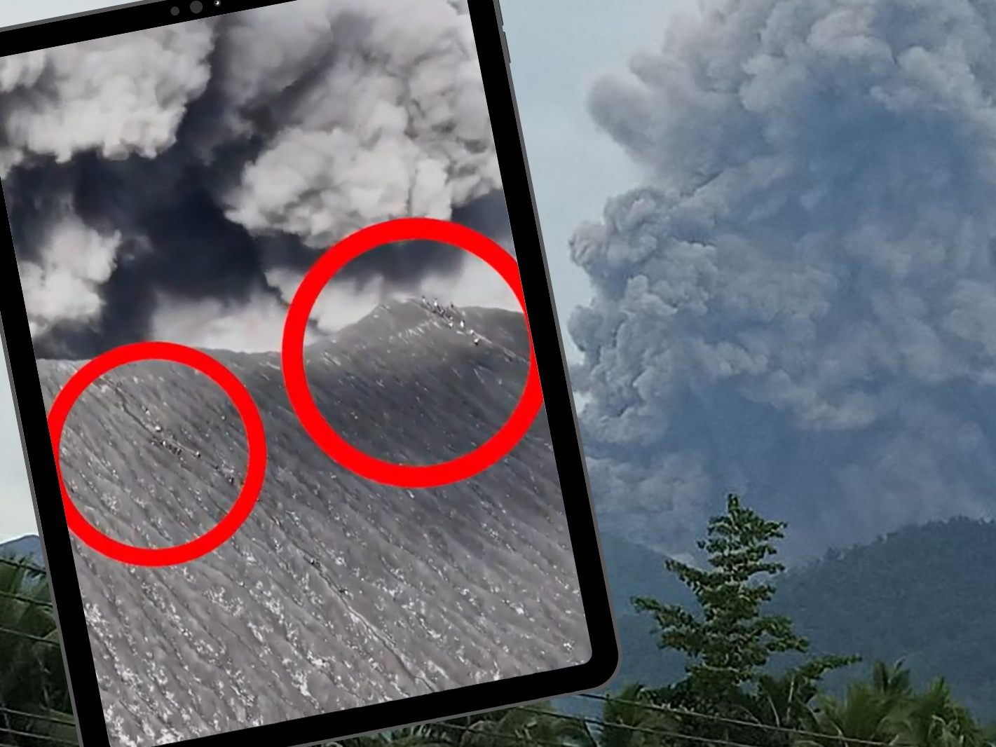 LEbensgefährliche Aktion von unbekannten Bergsteigern (kleines Bild, rot markiert) und der Vulkan Dukono bei einer Eruption am 21. November 2023.