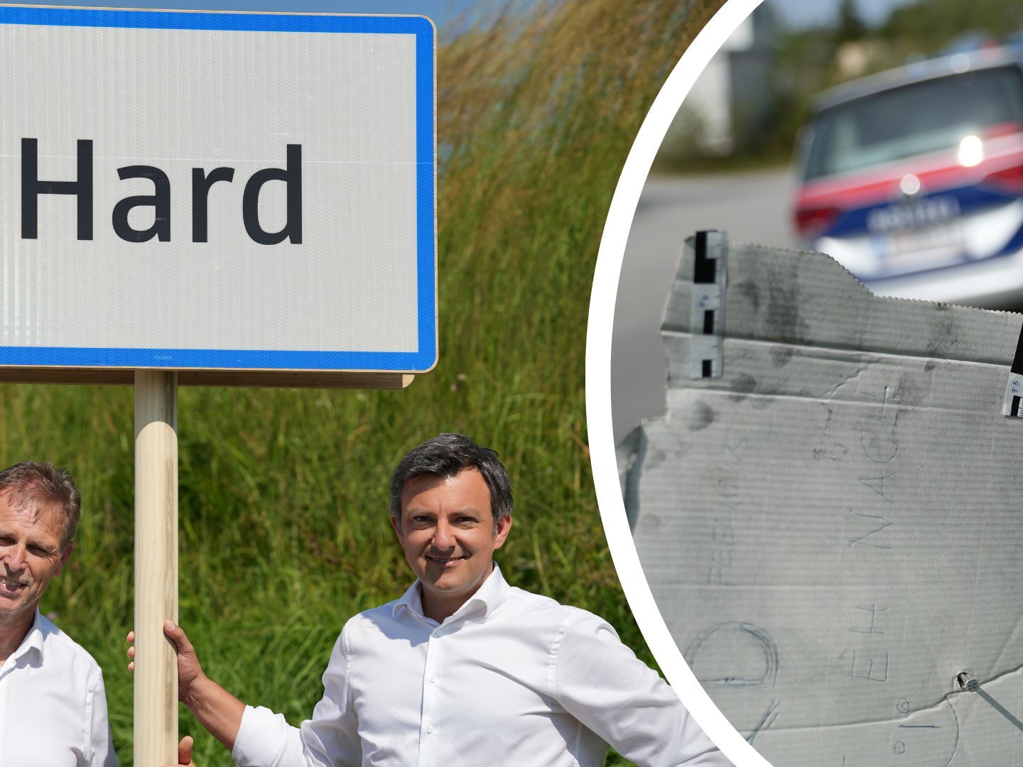 Unbekannte ersetzten Holzschild der Bodenseegemeinde Hard durch einen Pizzakarton Unbekannte ersetzten Holzschild der Bodenseegemeinde Hard durch einen Pizzakarton