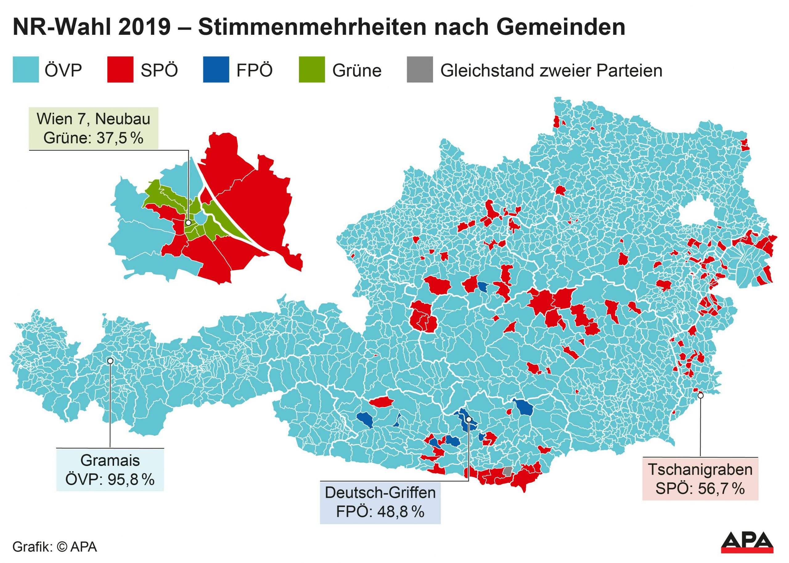 sterreichkarte mit Gemeinden eingefrbt nach Mehrheiten der Parteien; Die Auslieferung der APA-Grafiken als Embed-Code ist ausschlie§lich Kunden mit einer gltigen Vereinbarung fr Grafik-Pauschalierung vorbehalten. Dabei inkludiert sind automatisierte Schrift- und Farbanpassungen an die jeweilige CI. Fr weitere Informationen wenden Sie sich bitte an unser Grafik-Team unter grafik@apa.at. GRAFIK 1294-24, 140 x 100 mm